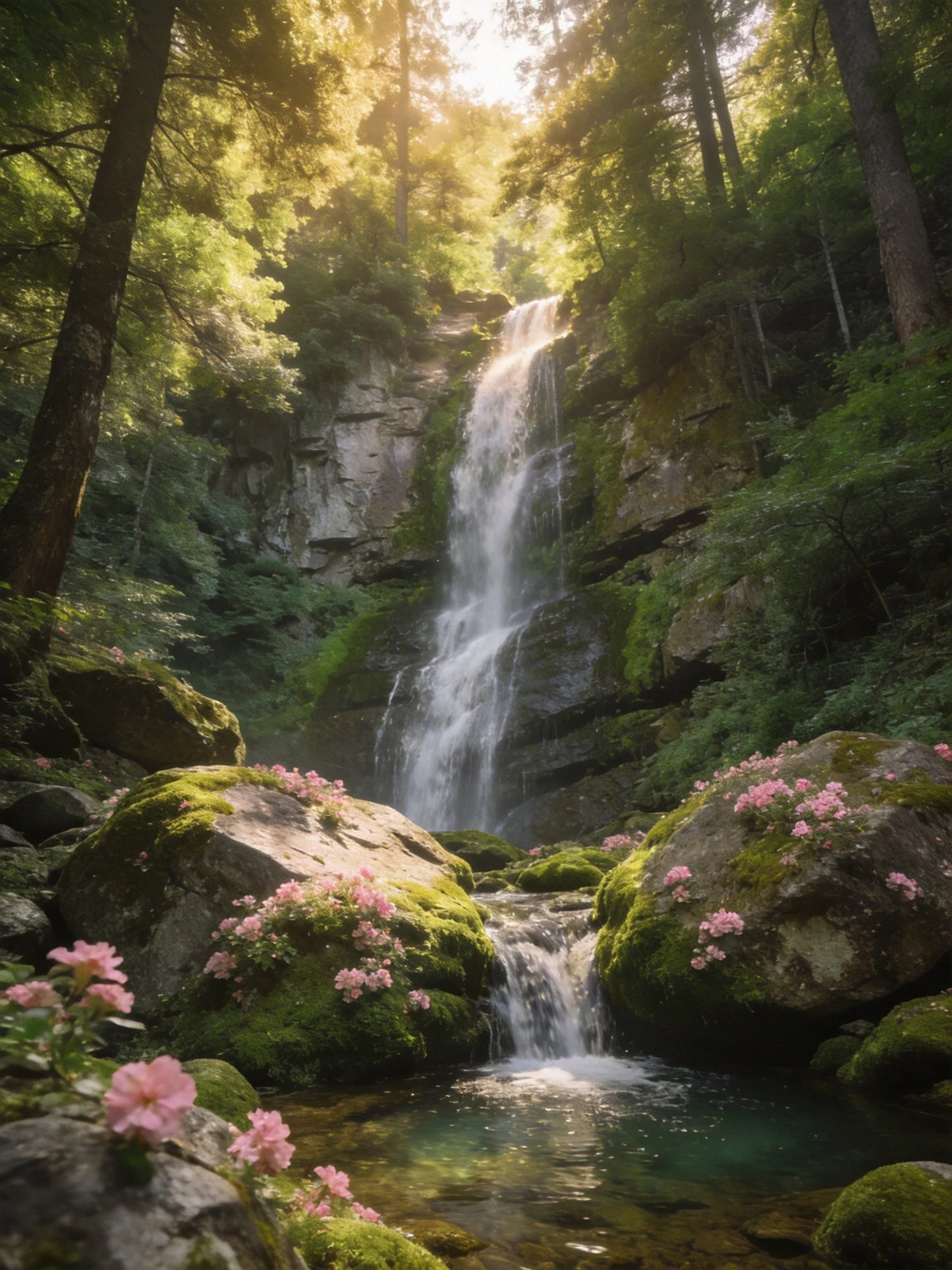 A serene waterfall cascades over moss-covered rocks amid lush greenery and pink blossoms.