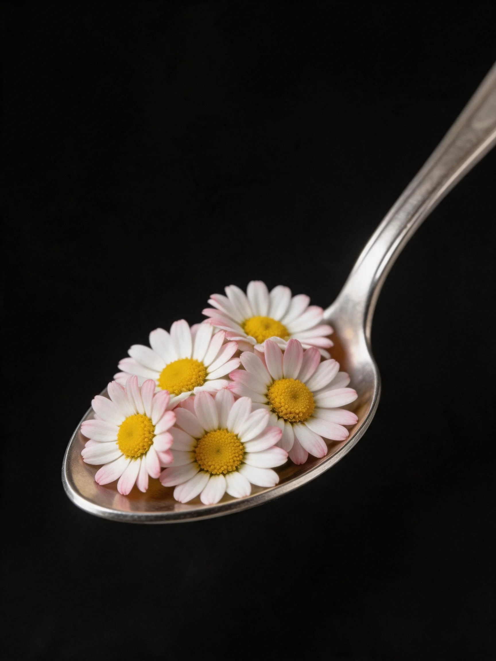A silver spoon holds five pink-tipped daisies on a black backdrop