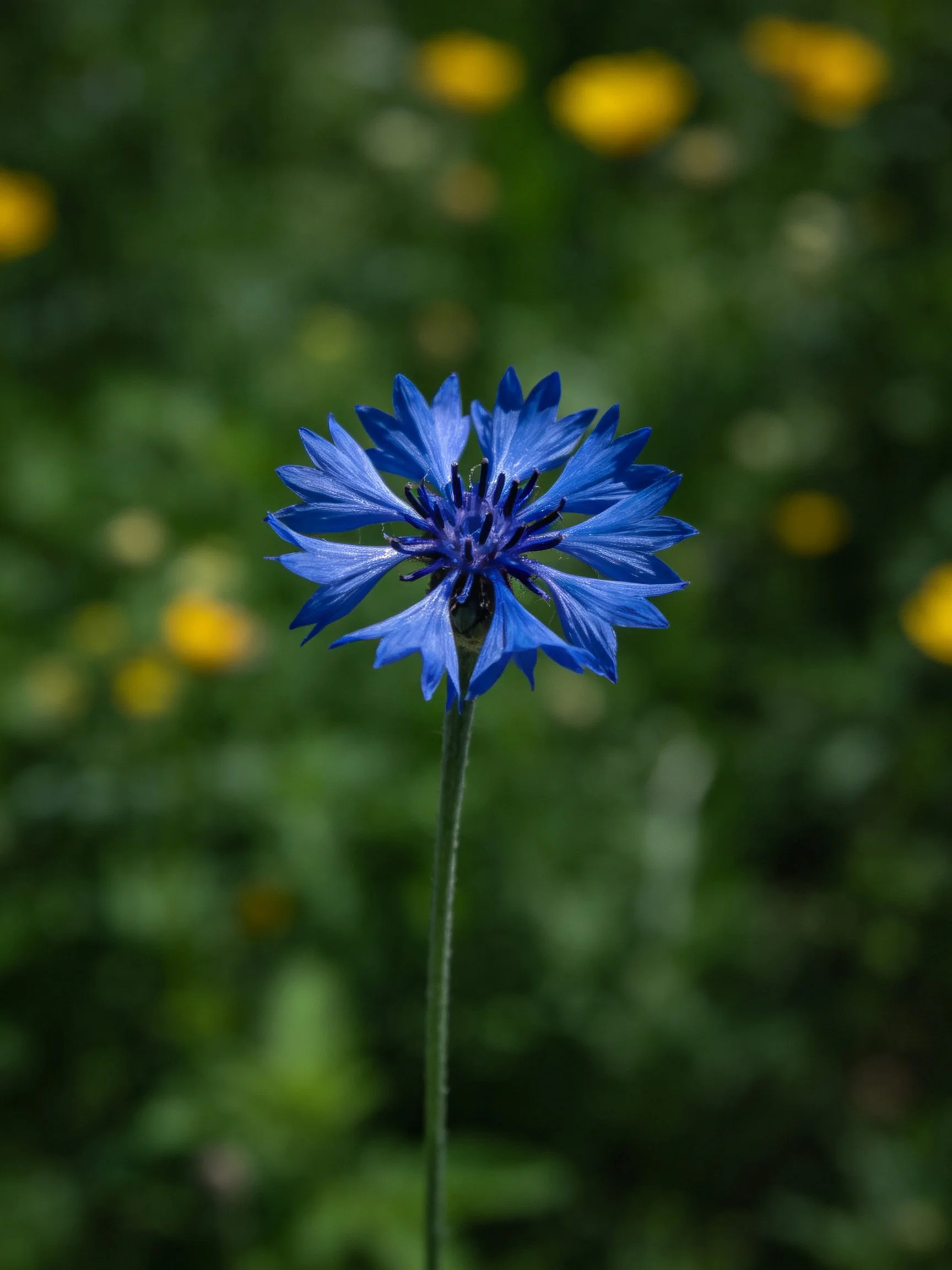 A single bright blue flower stands amidst blurred green and yellow vegetation