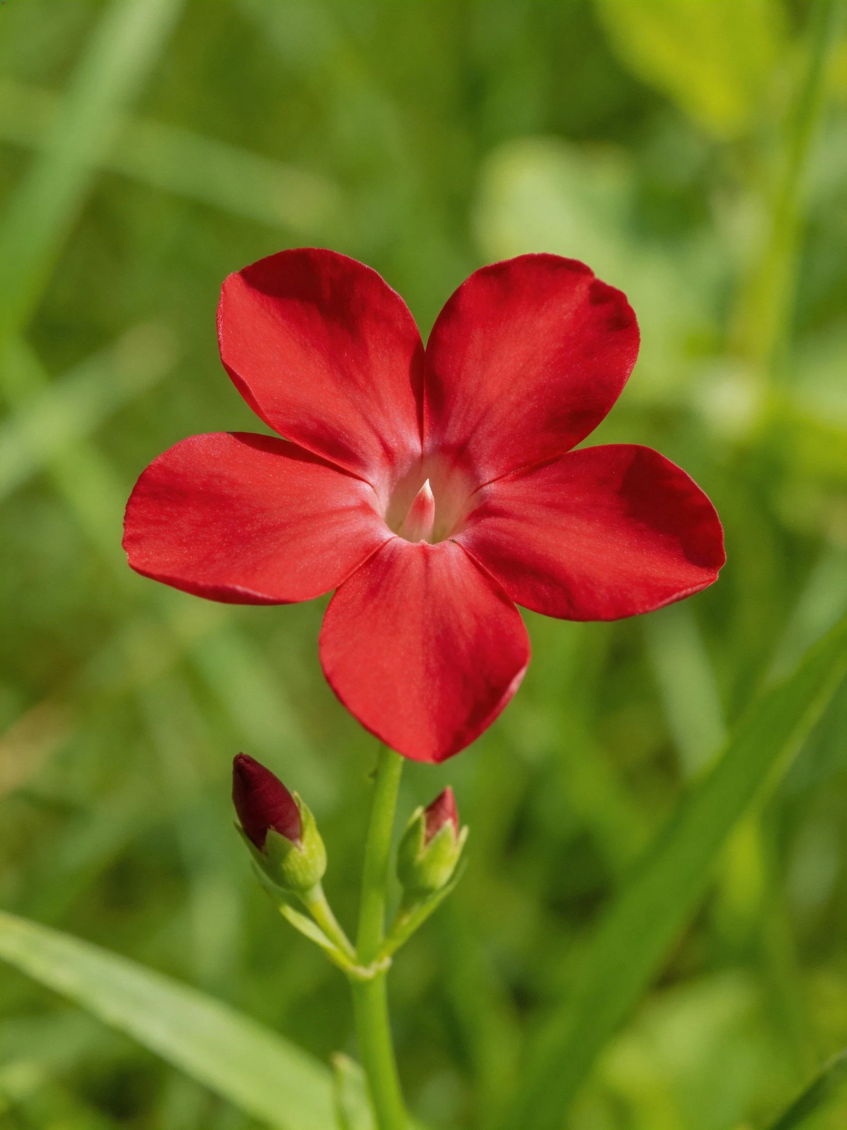 A single bright red five-petaled flower with buds, set against green foliage