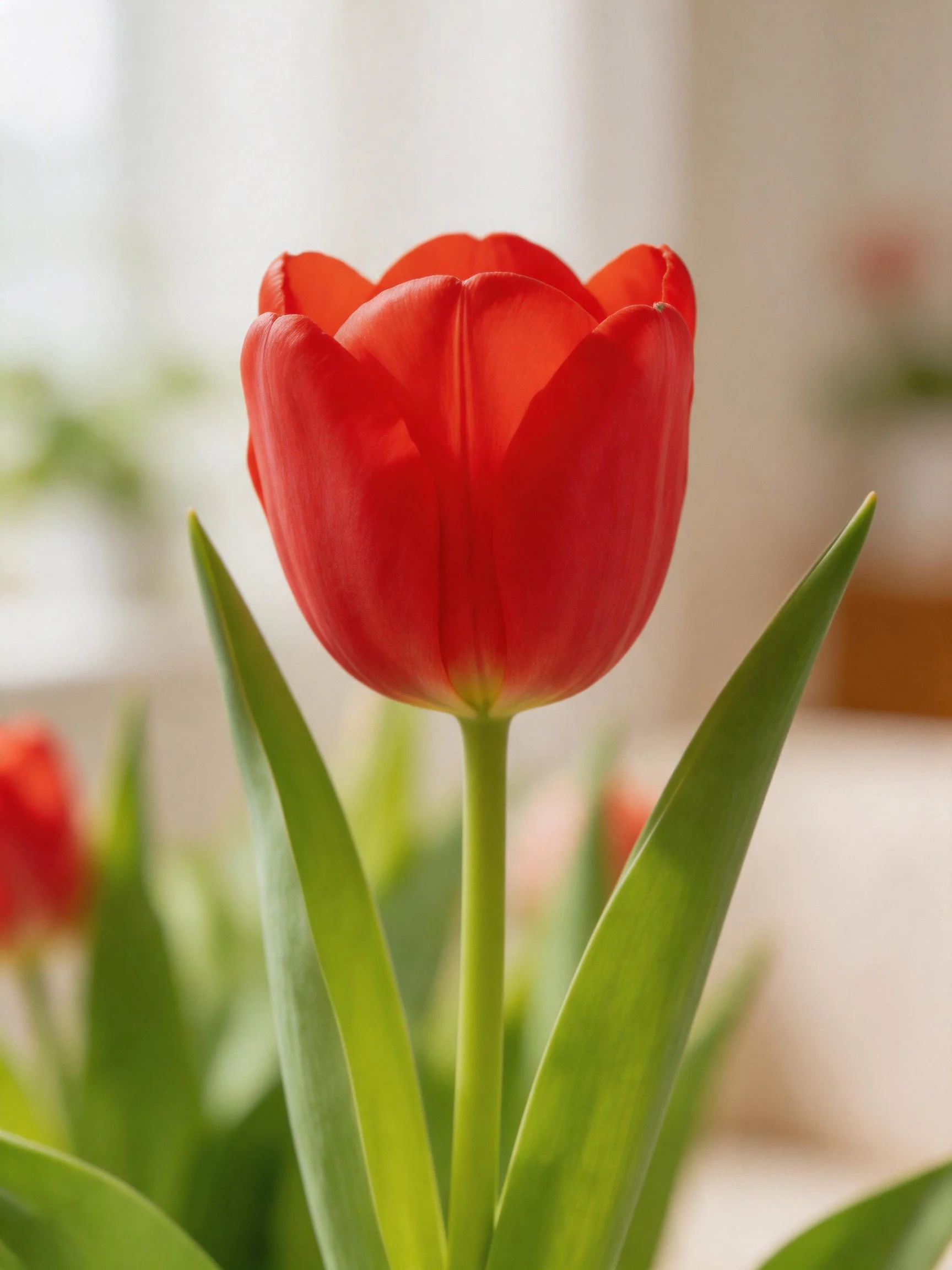 A single bright red tulip with long green leaves