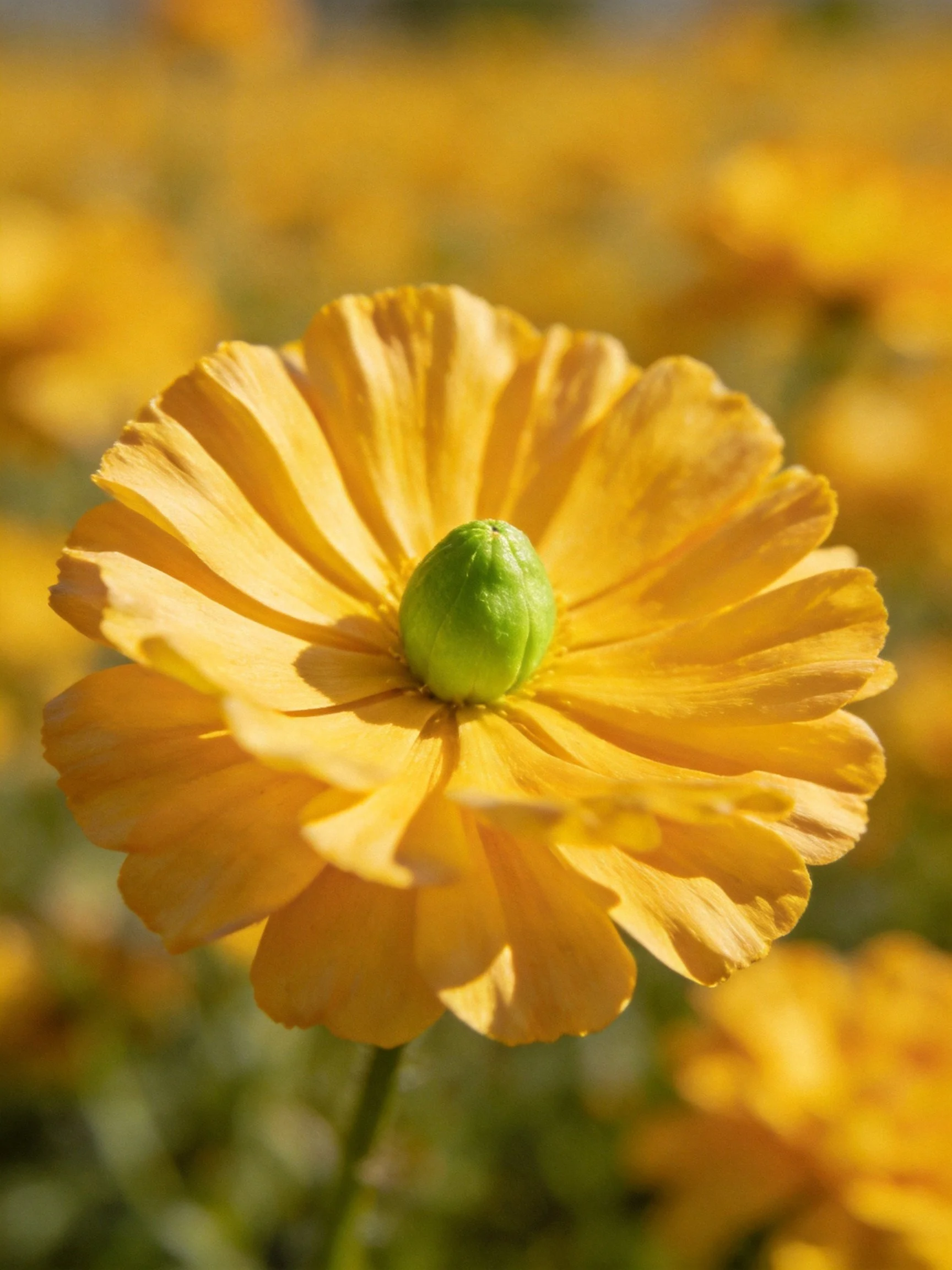 A close - up of a bright yellow flower with a green center, set against a blurred backdrop of similar flowers.