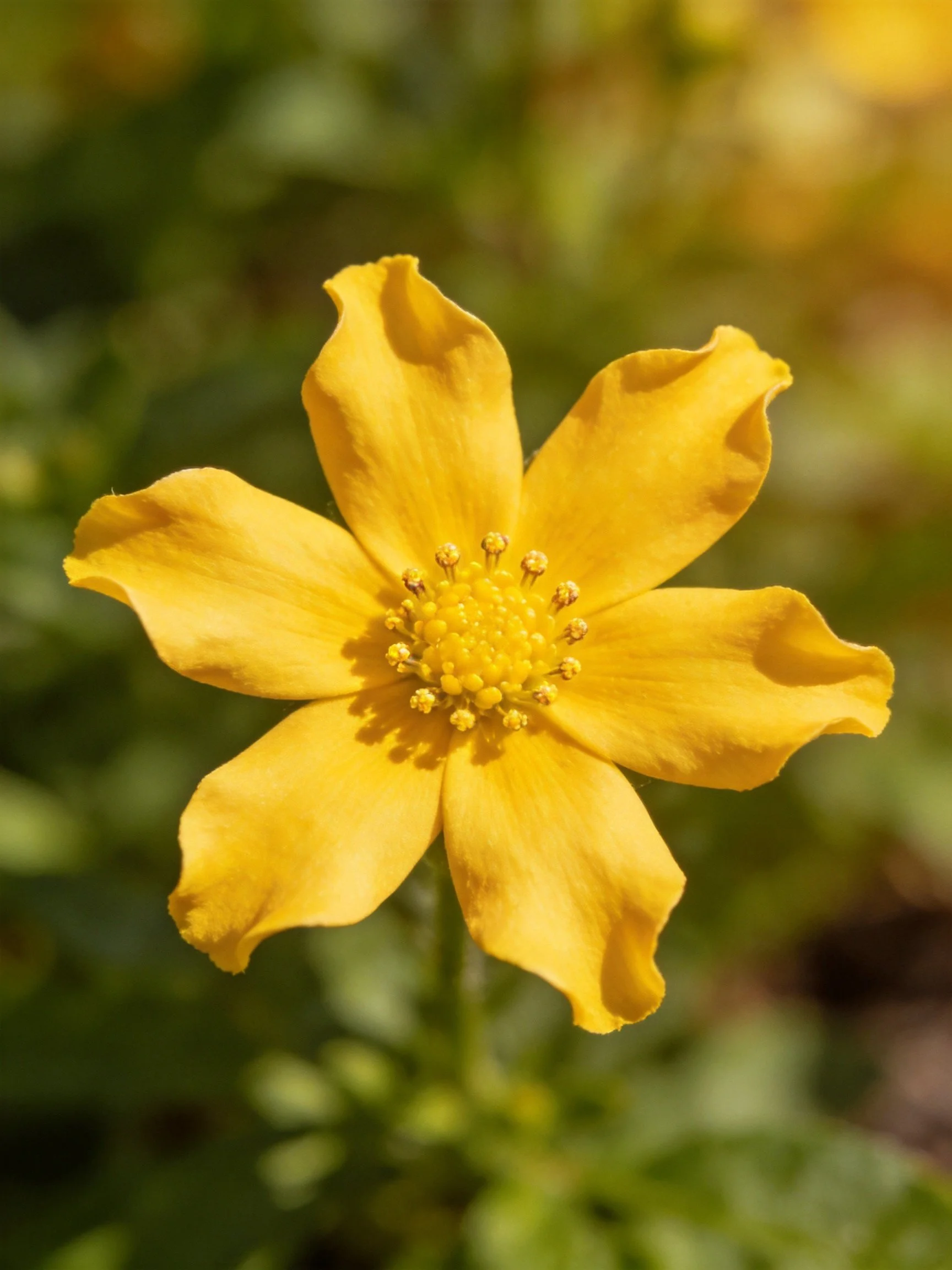 A single bright yellow flower with six petals stands out against a blurred green background.