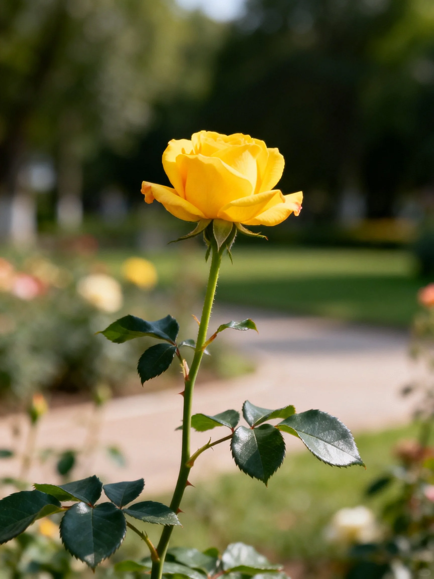 A single bright yellow rose in a sunlit garden with blurred greenery