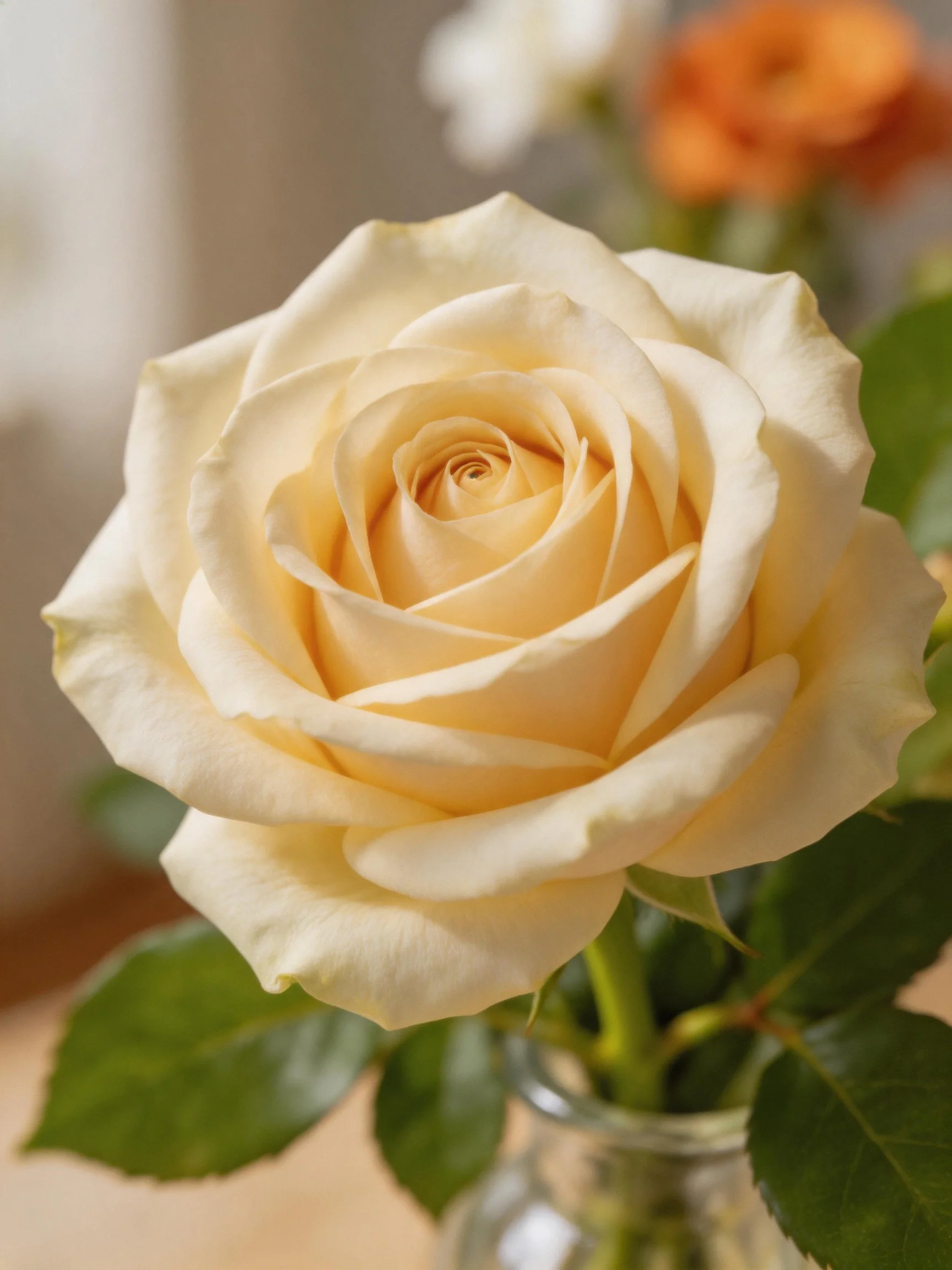 A single creamy white rose in a glass vase with green leaves
