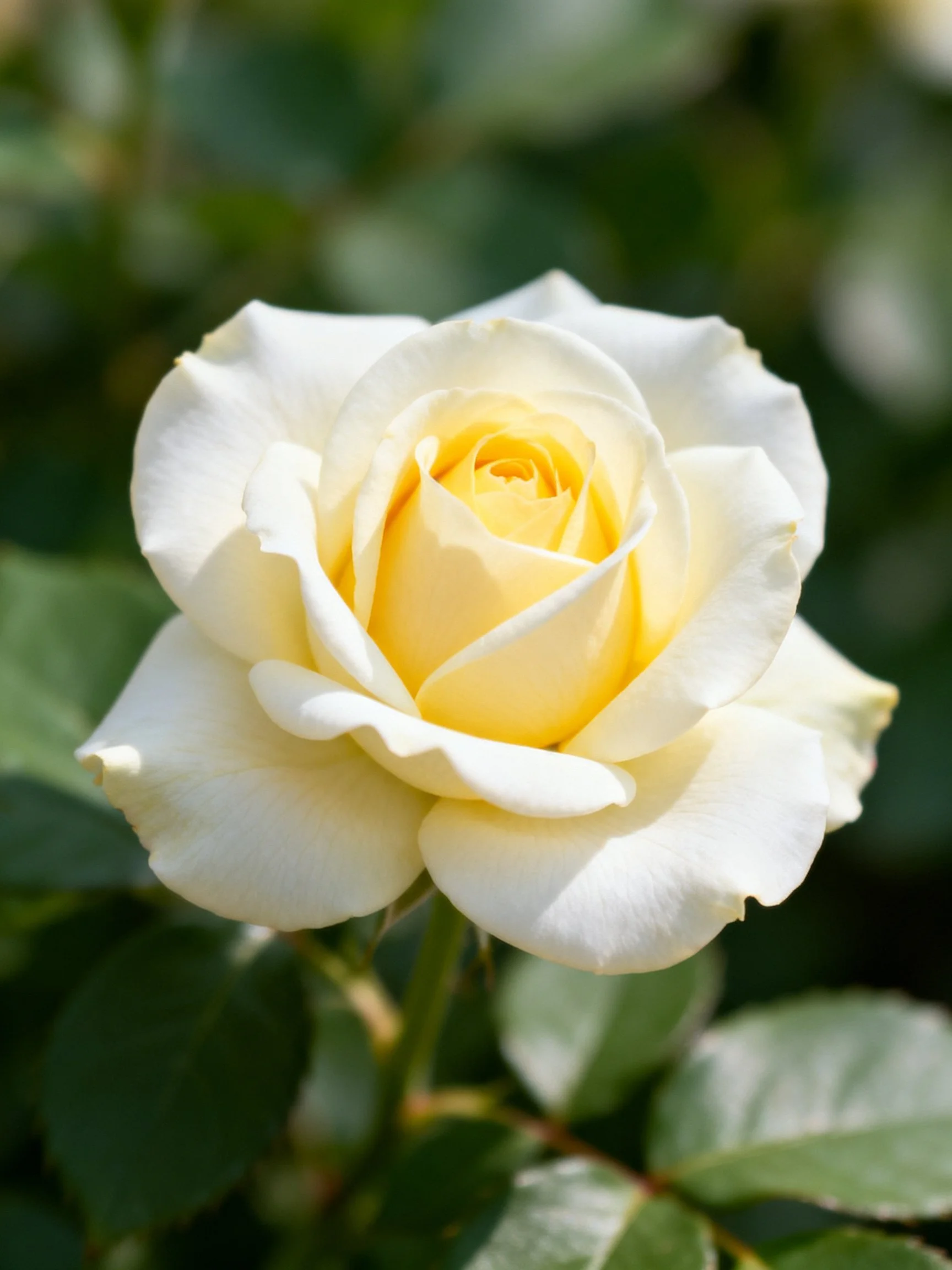 A single creamy white rose with a golden center