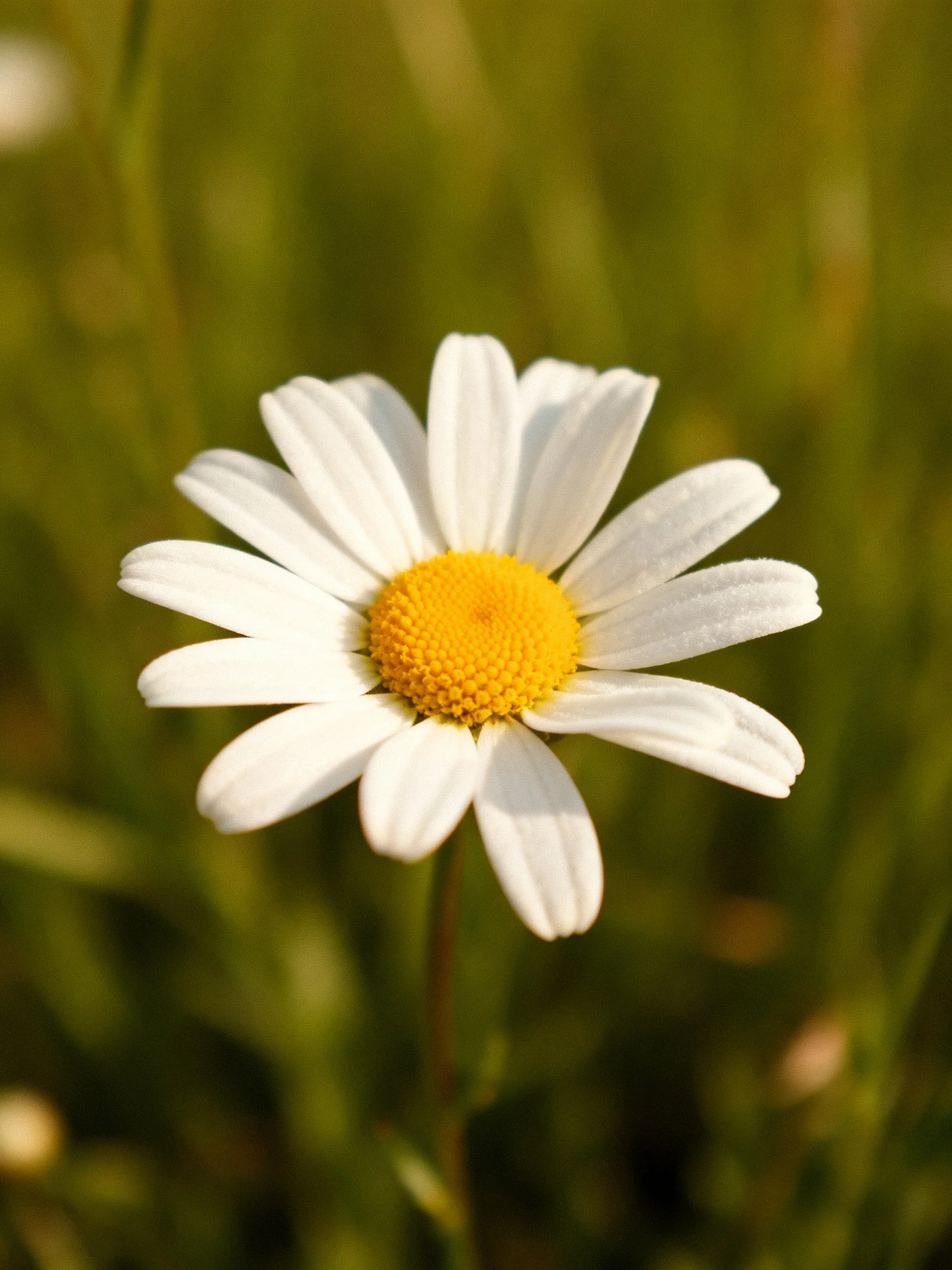 A single daisy with white petals and yellow center against blurred greenery