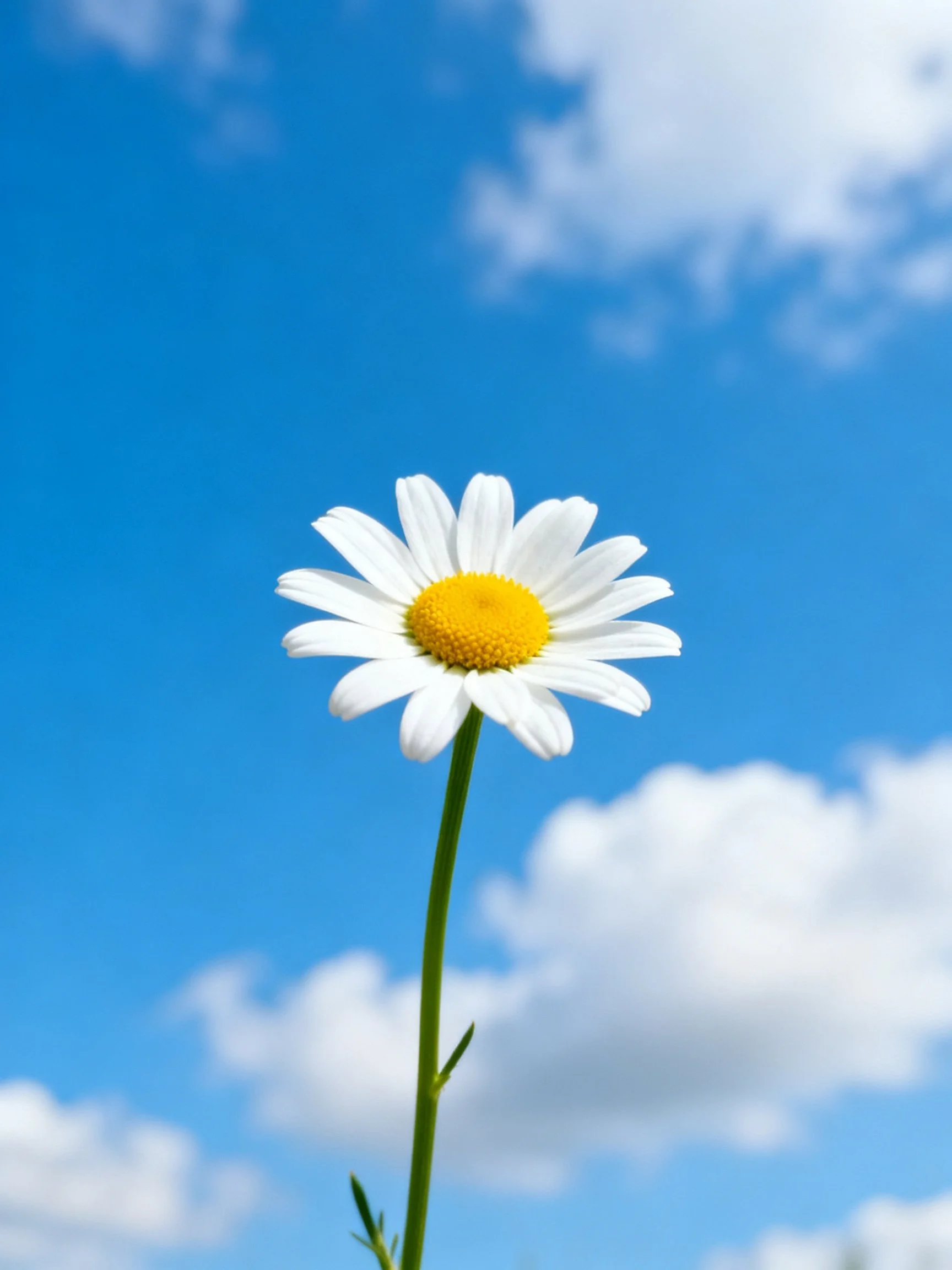 A single daisy with white petals and yellow center against bright blue sky