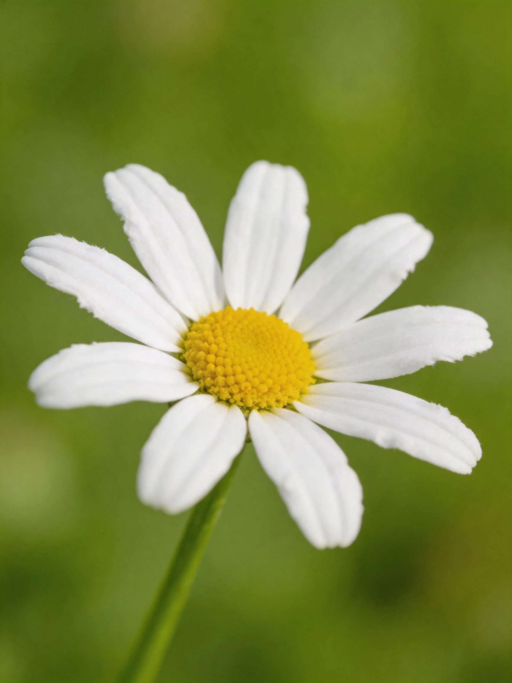 A single daisy with white petals and yellow center against green blur