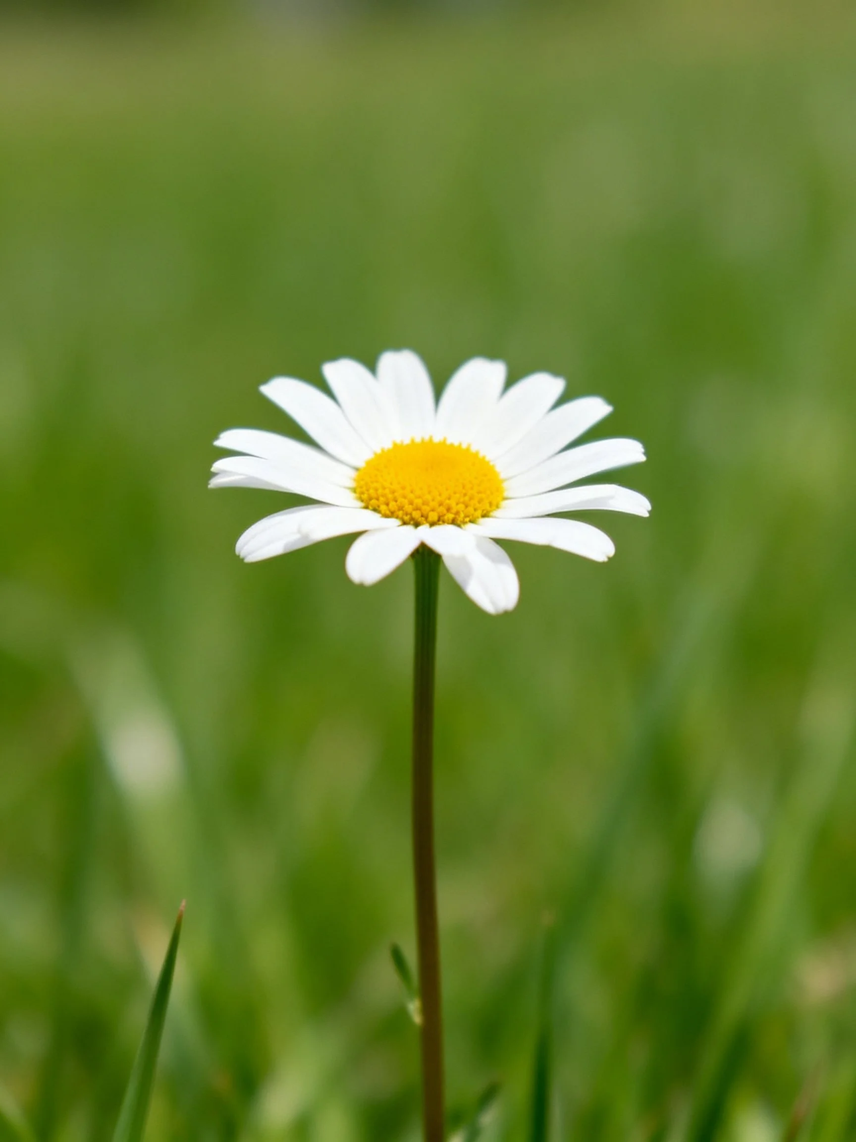 A single daisy with white petals and yellow center amid green grass