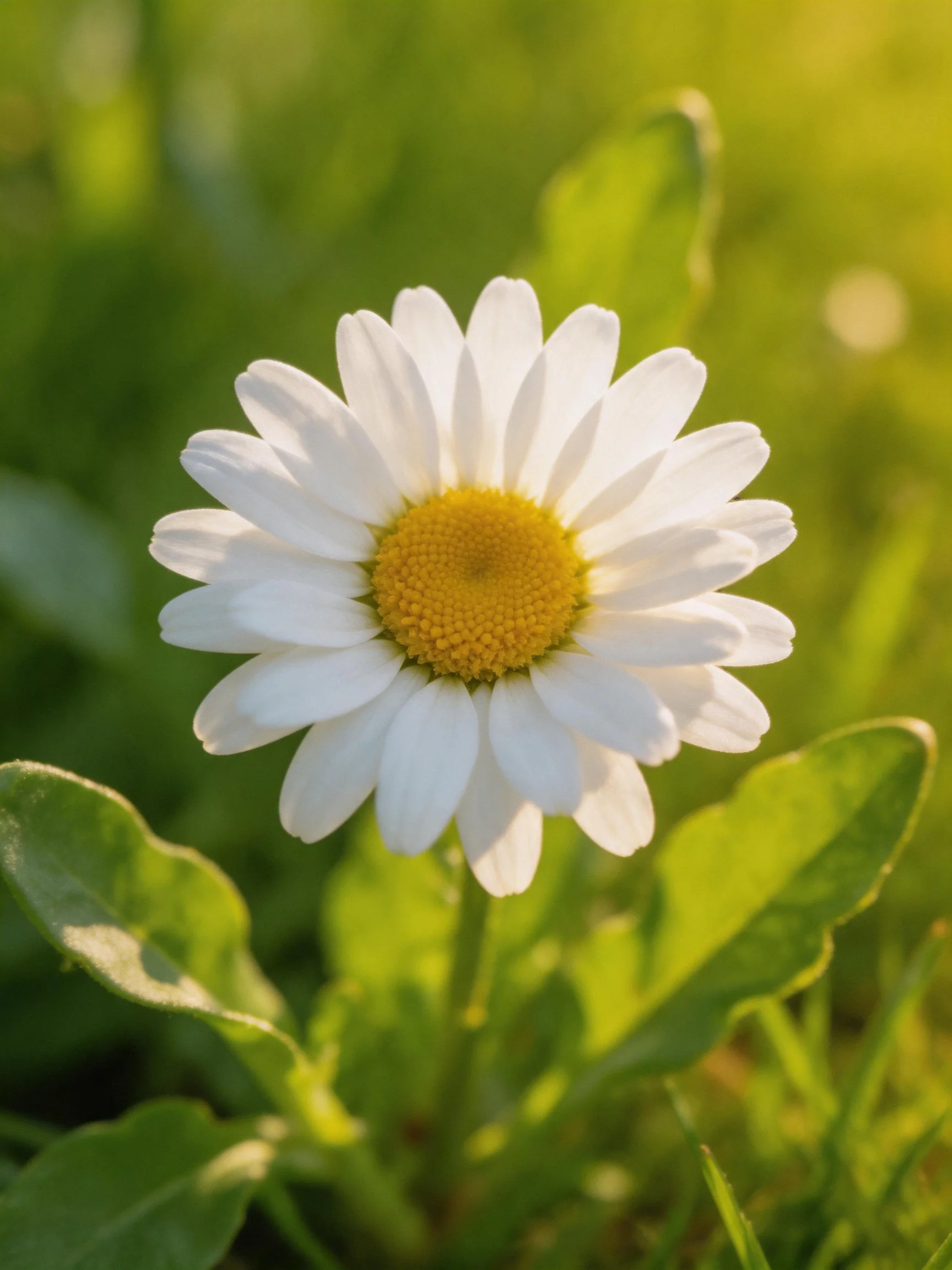 A single daisy with white petals and yellow center among green foliage