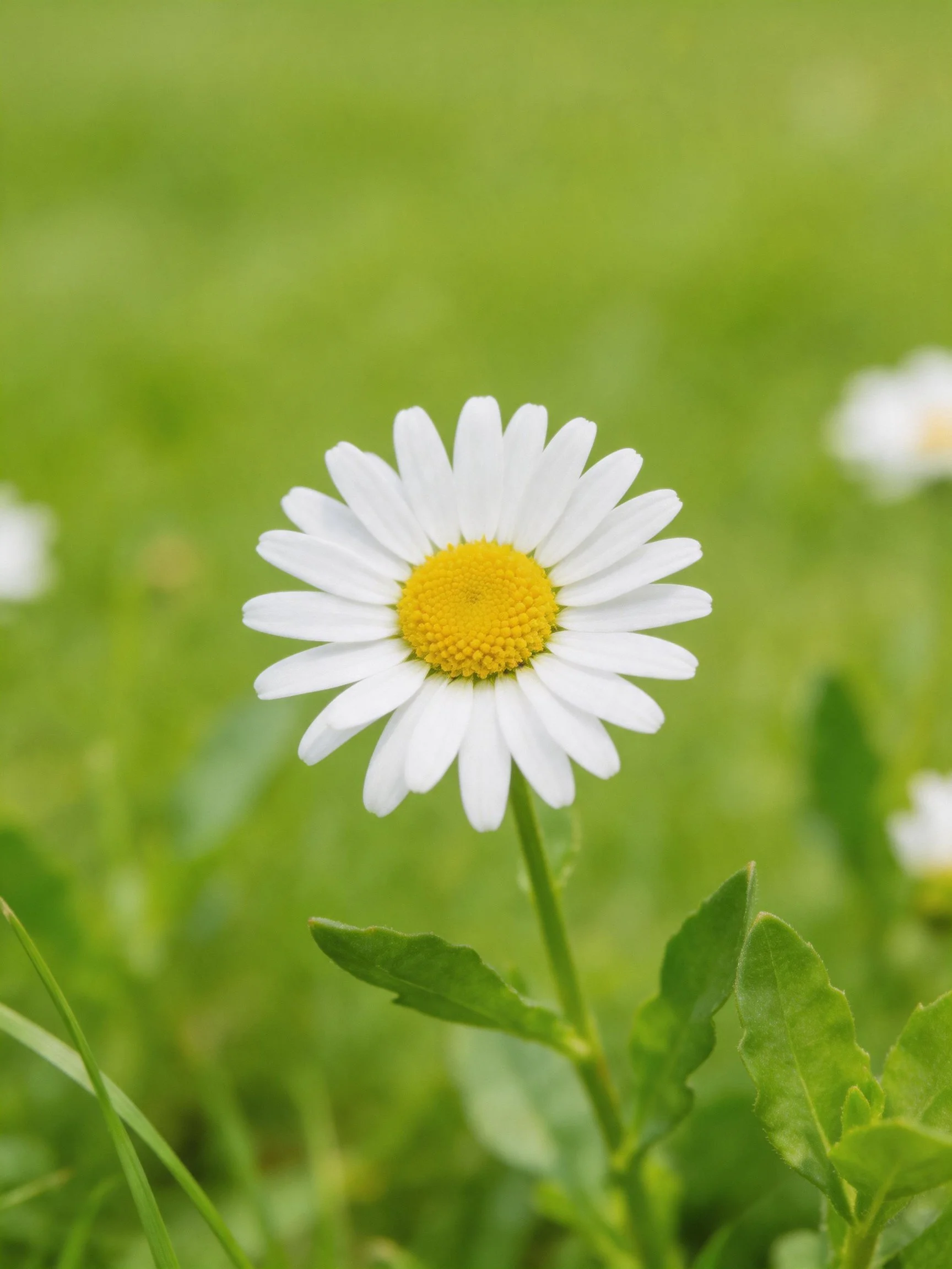 A single daisy with white petals and yellow center in a green field