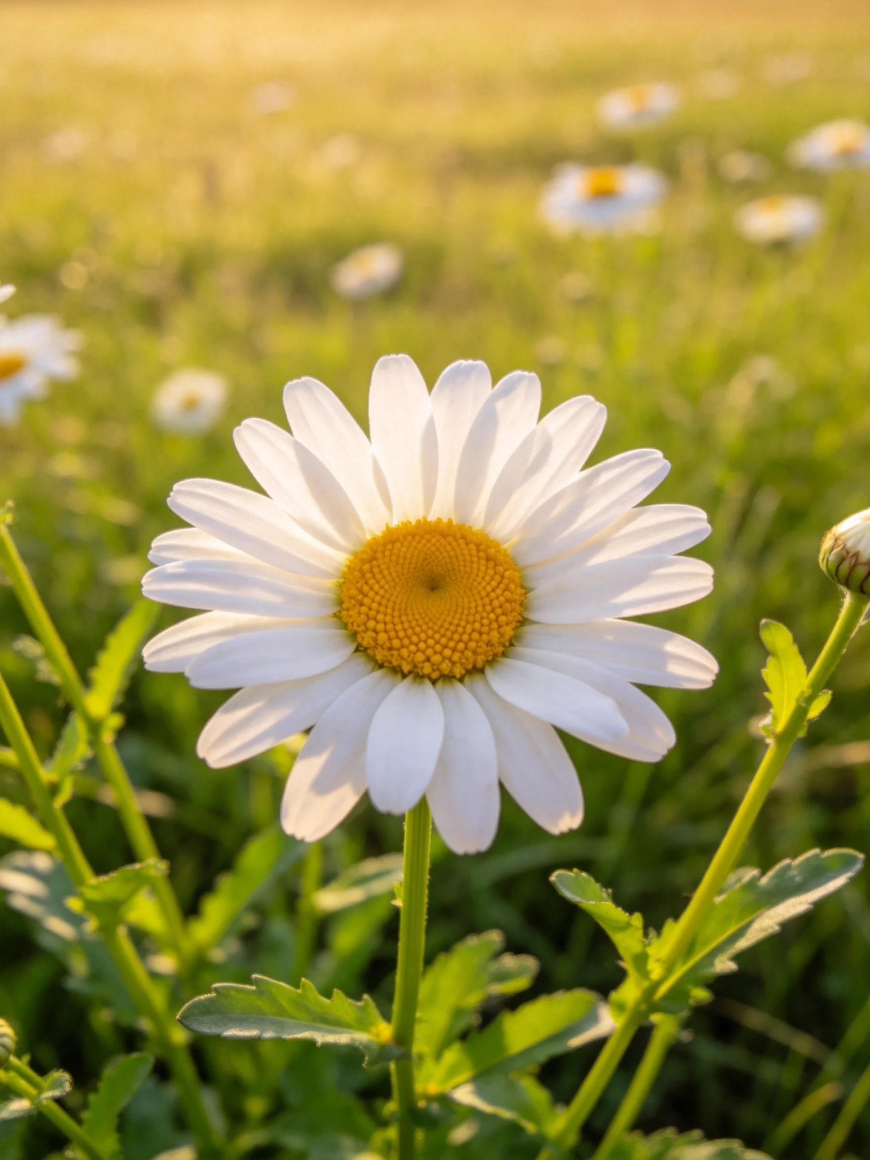A single daisy with white petals and yellow center in a sunlit meadow