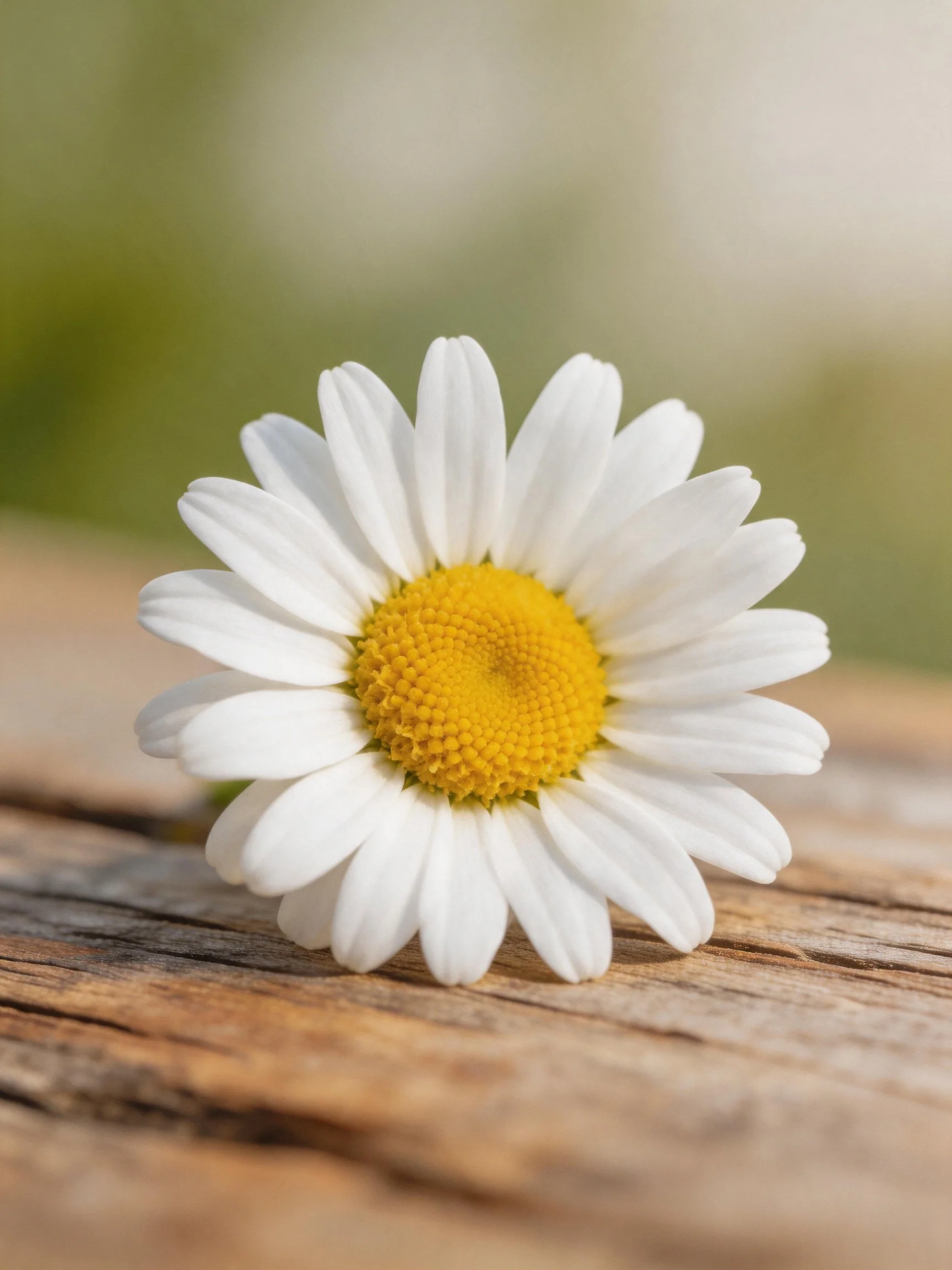 A single daisy with white petals and yellow center on weathered wood