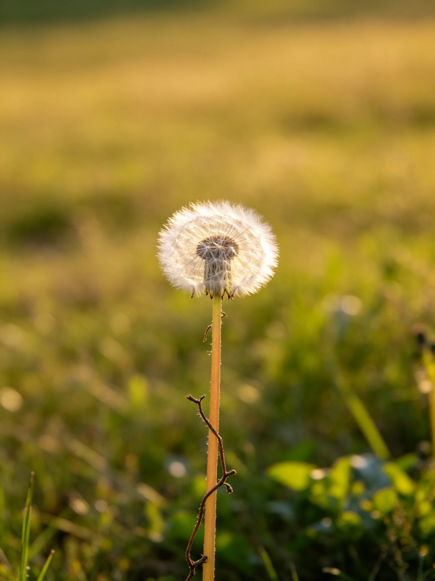 A single dandelion seed head against a golden-green meadow