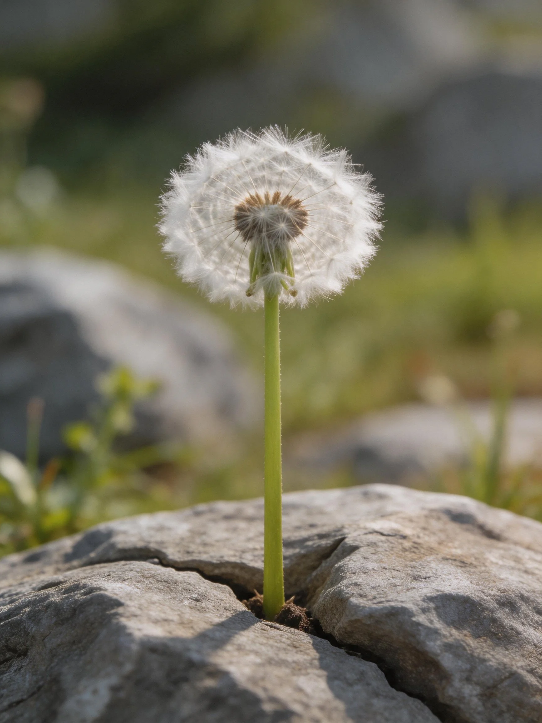 A single dandelion seed head growing from a rocky crevice