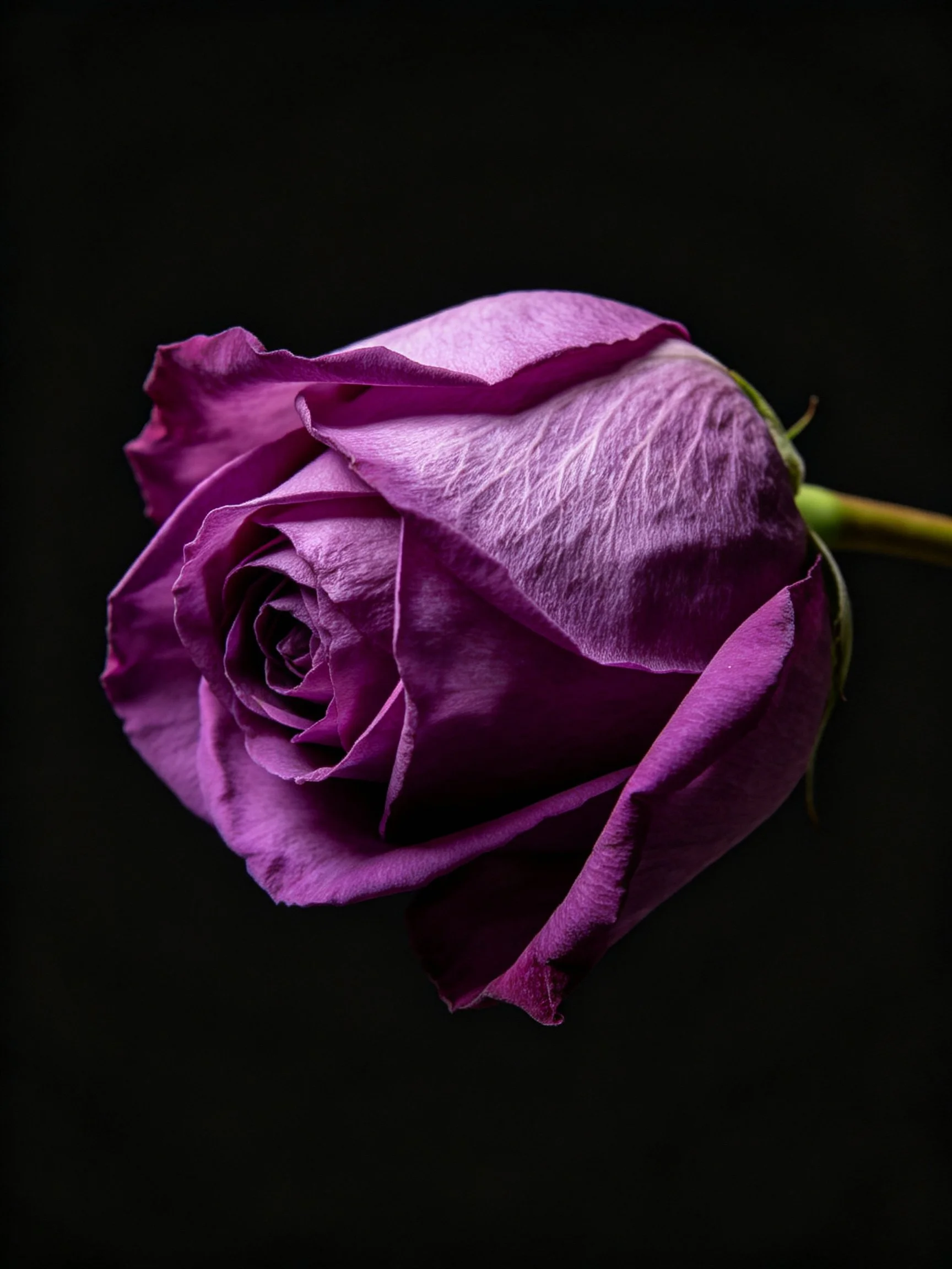 A single deep purple rose bud with dramatic contrast