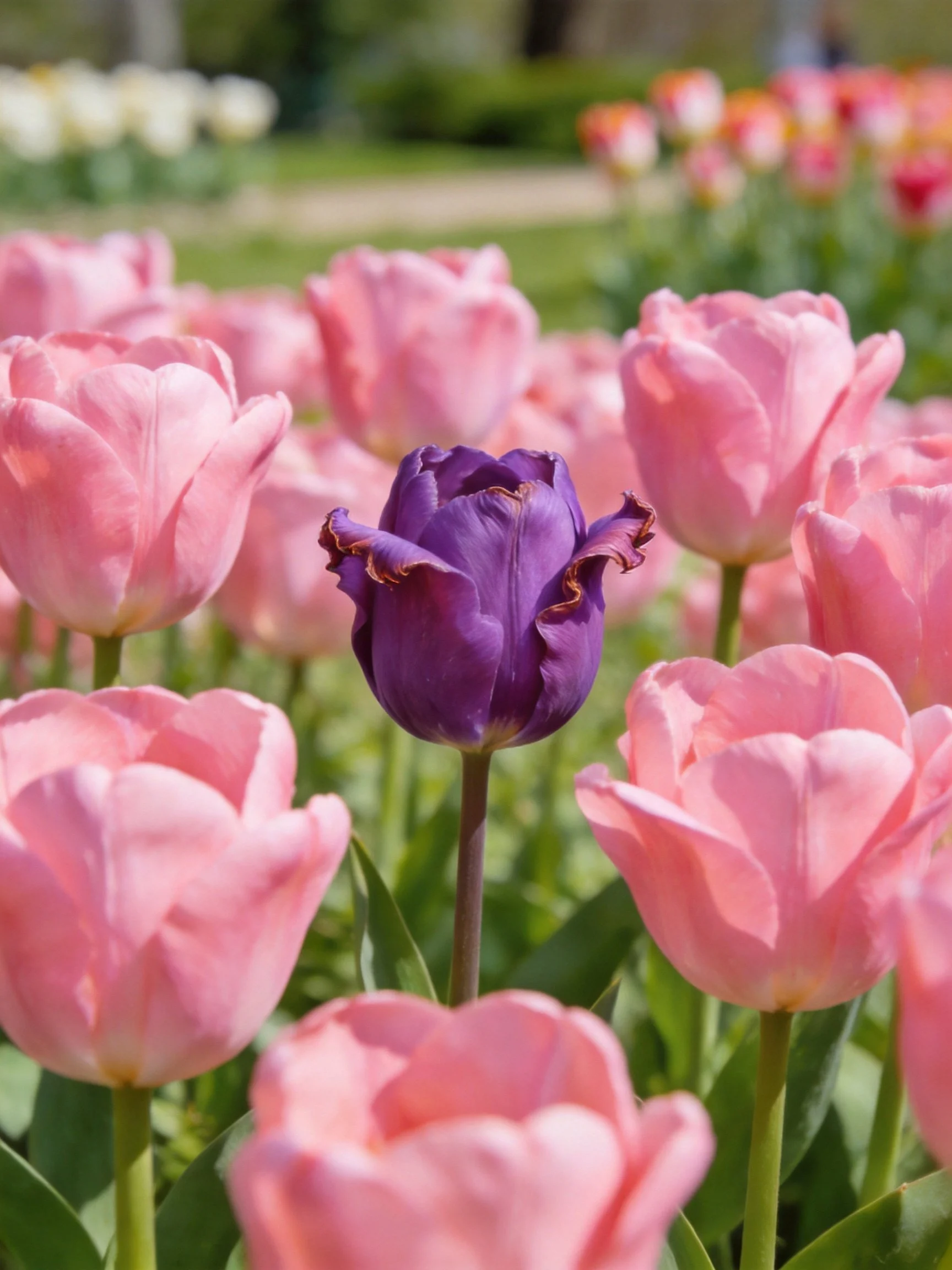 A single deep purple tulip among numerous soft pink tulips
