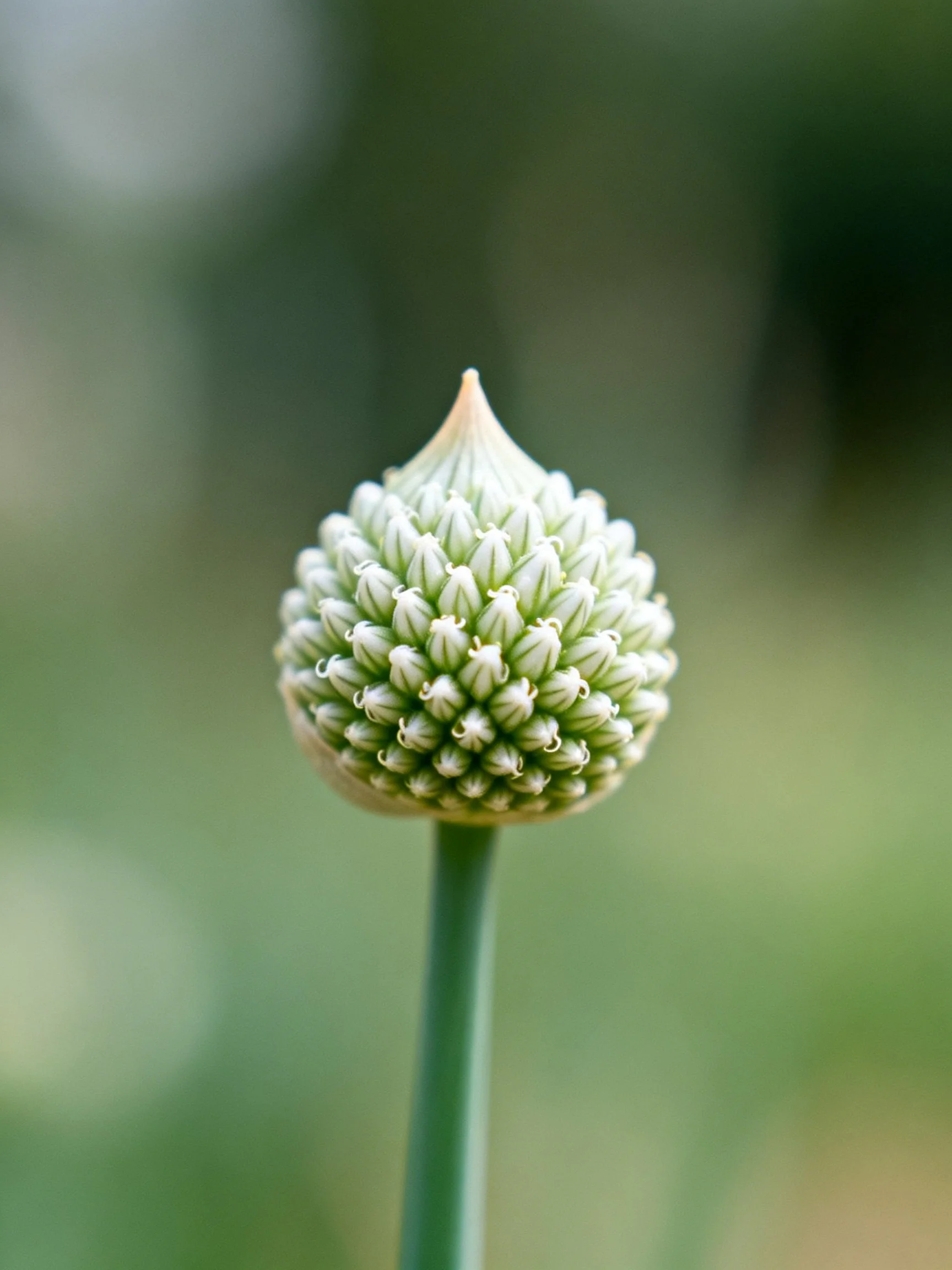 A single green allium flower bud with dense spherical form