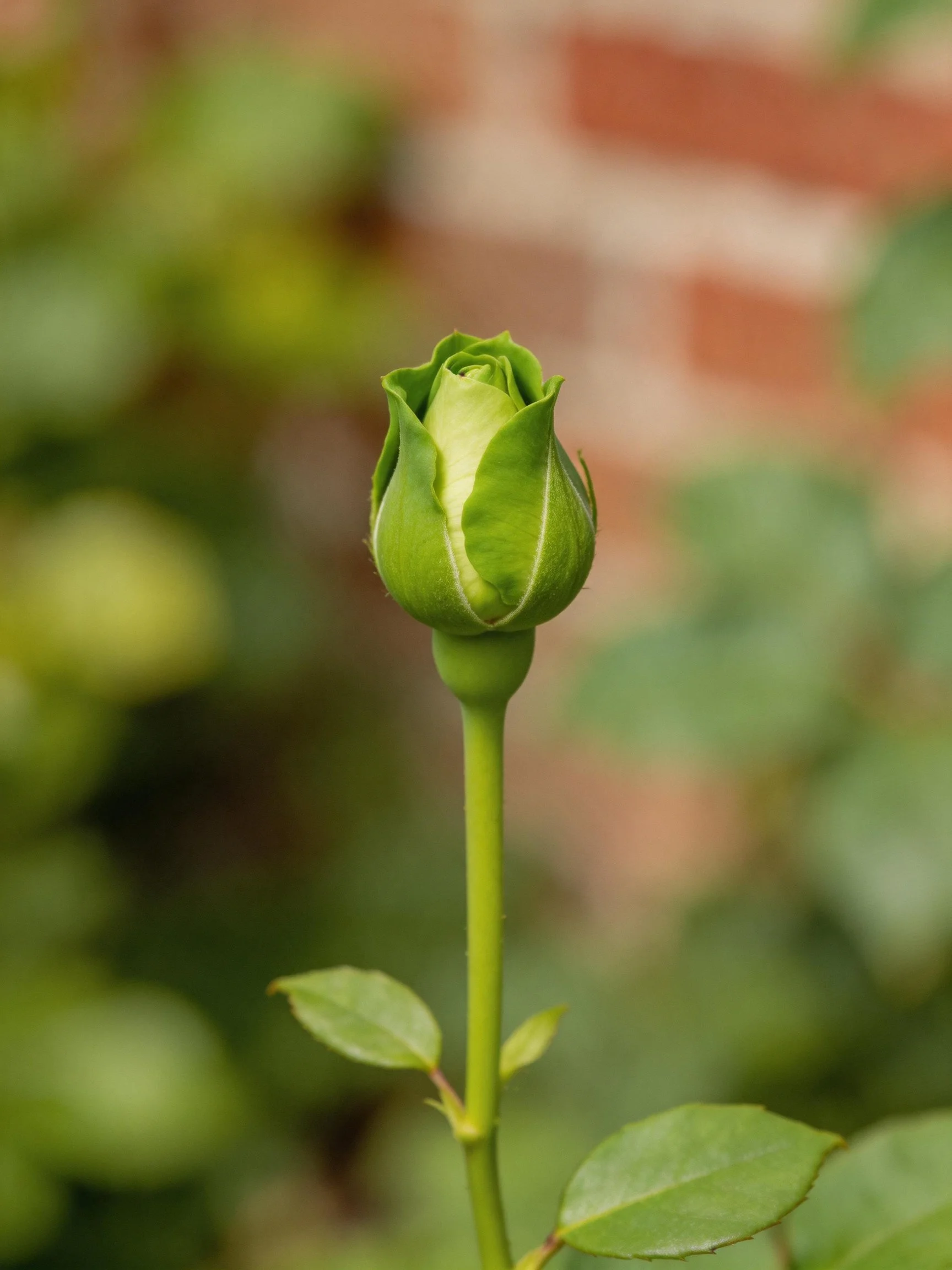 A single green rosebud on a slender stem, blurred natural backdrop
