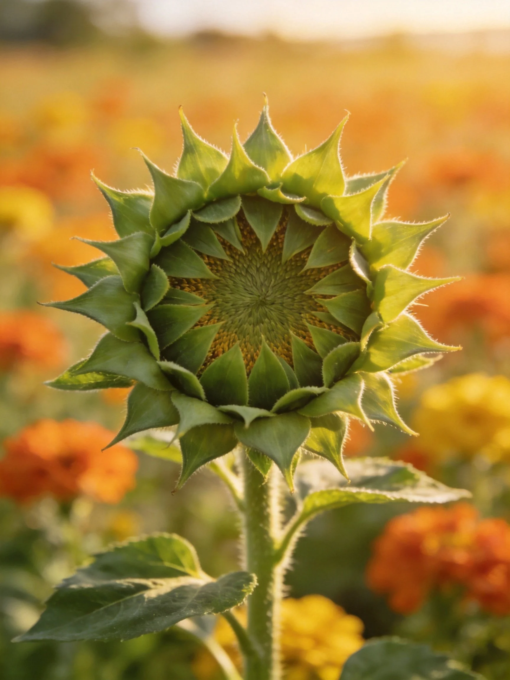 A single green sunflower bud in a vibrant field of orange and yellow flowers