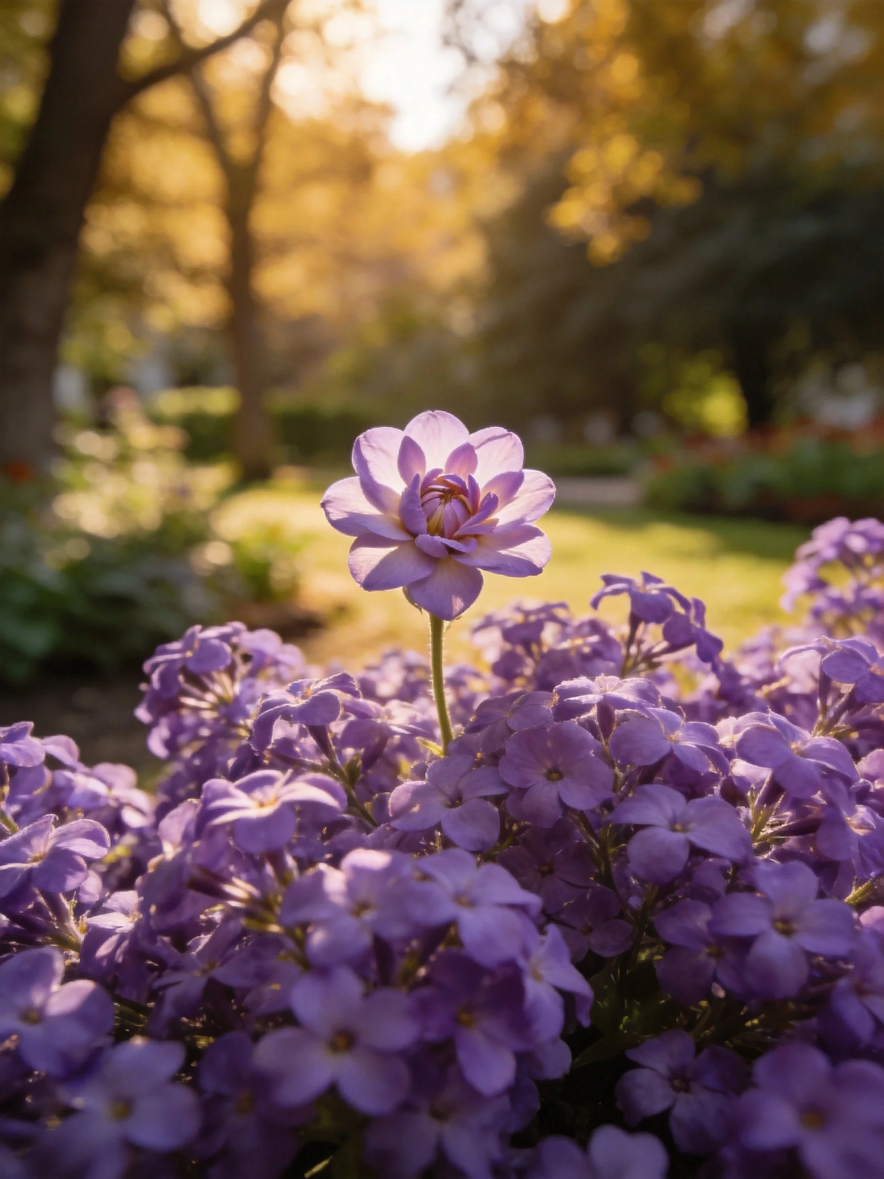 A single lavender bloom stands among dense purple flowers in a sunlit garden