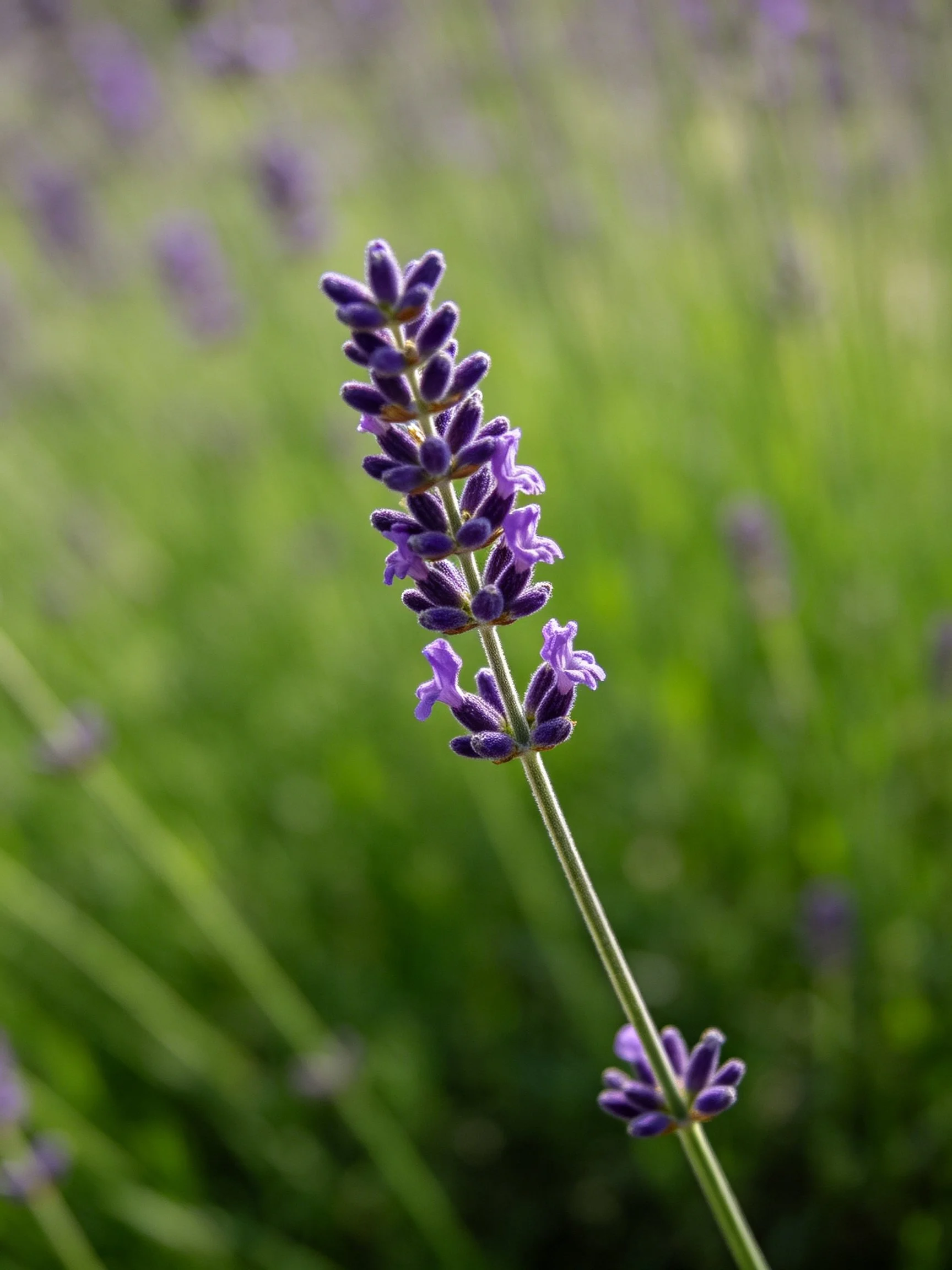 A single lavender stem with purple blooms against greenery