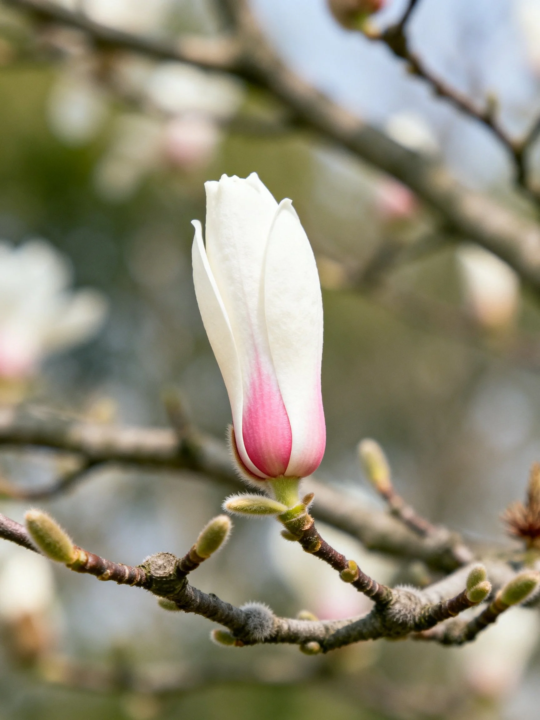 A single magnolia bud with white and pink petals on a tree branch