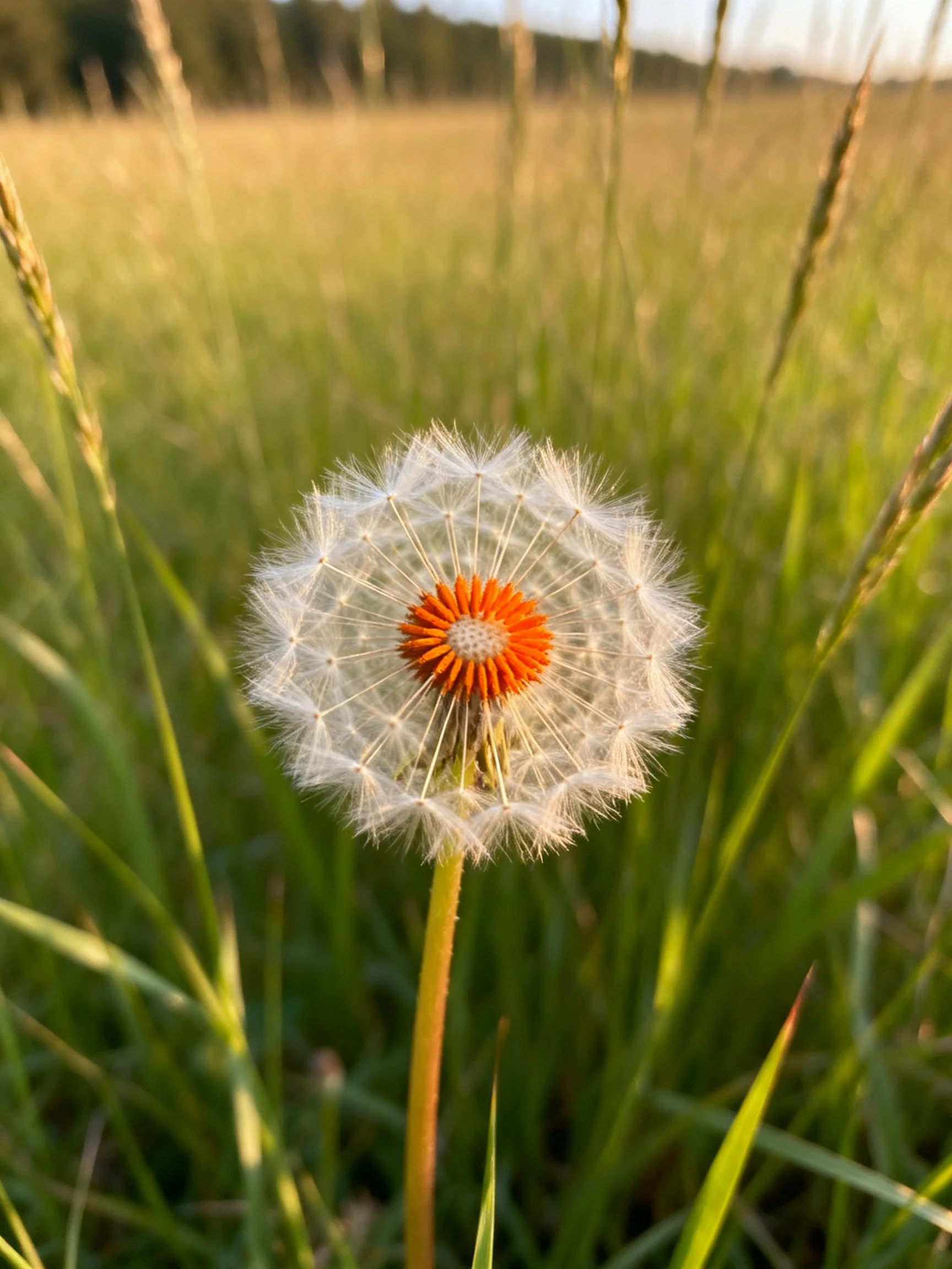 A single mature dandelion seed head in a sunlit meadow