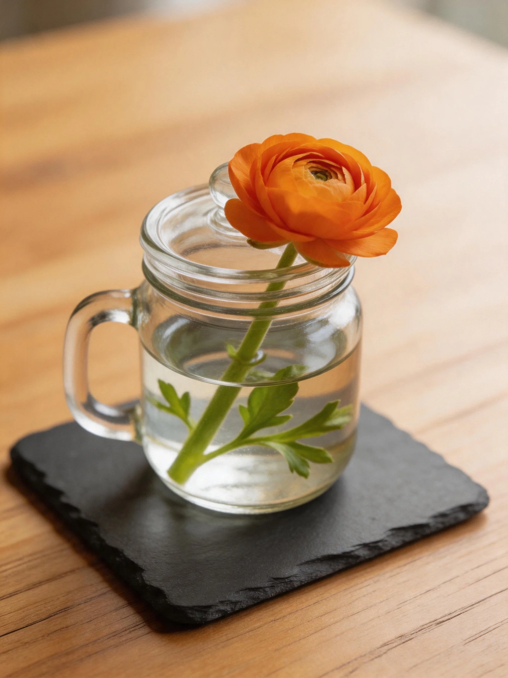A single orange flower in a glass jar with water on a slate coaster