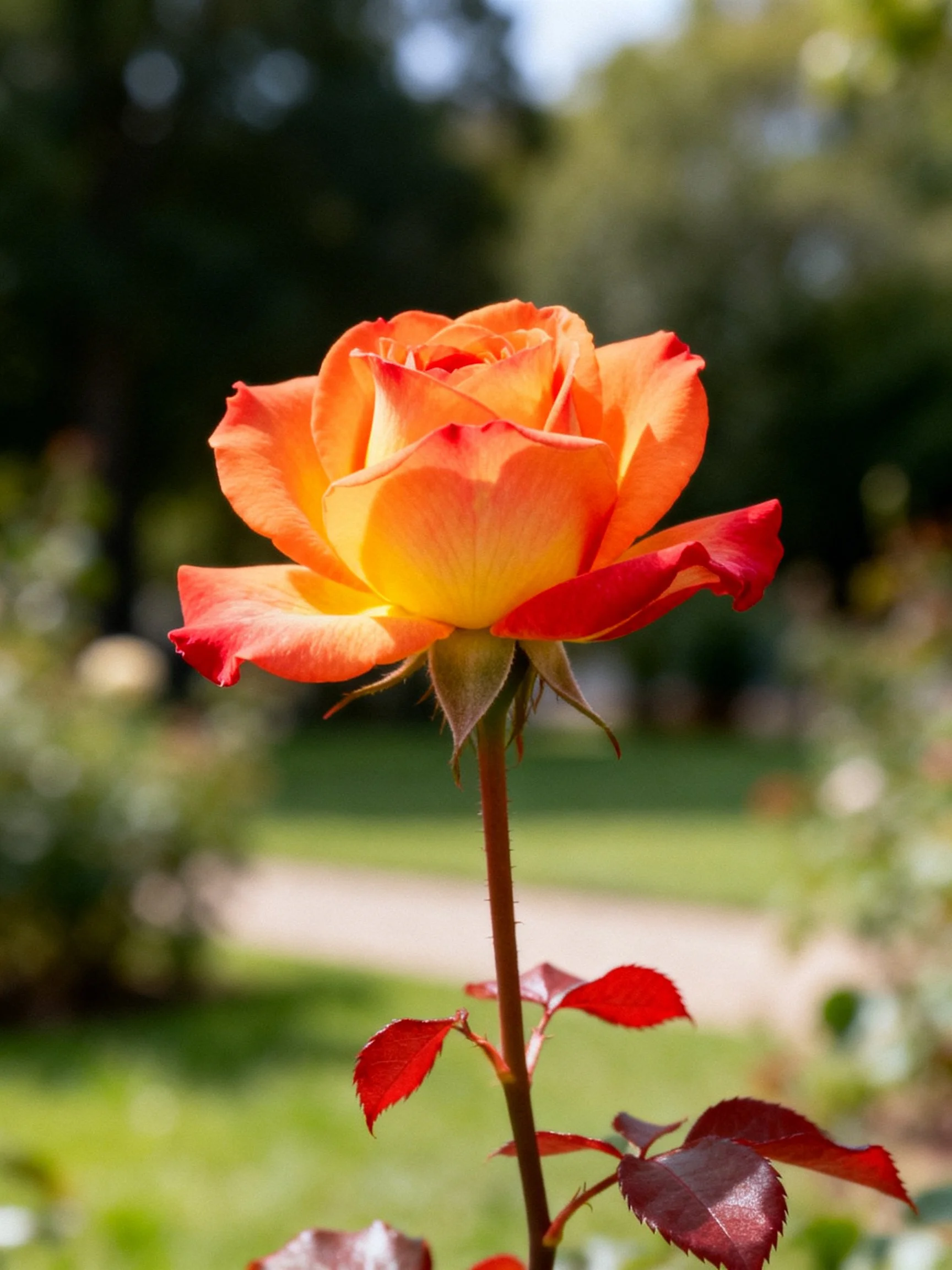 A single orange-red rose with yellow center blooms in a sunlit garden