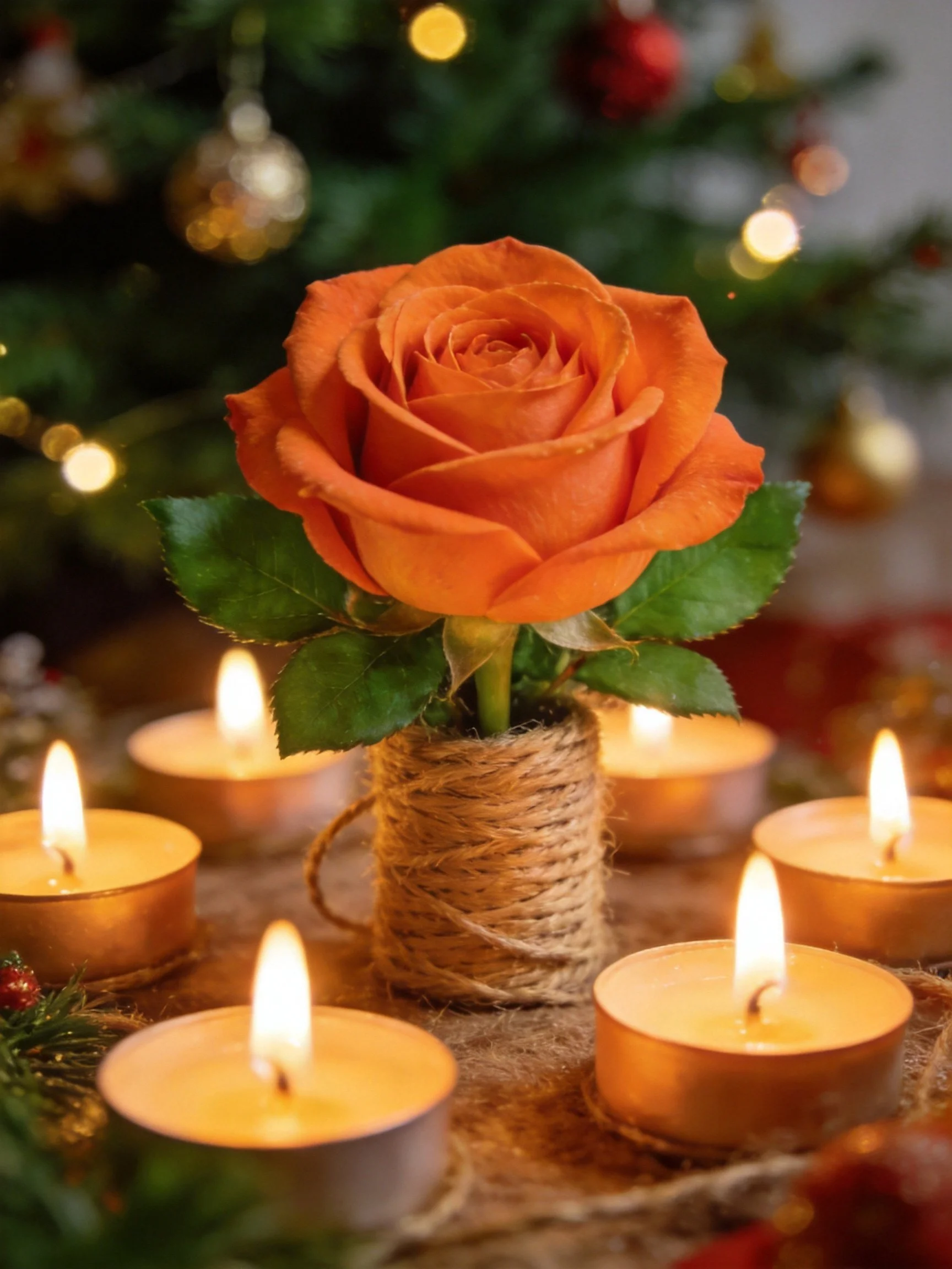 A single orange rose in a twine vase, surrounded by six lit tealights near a decorated Christmas tree