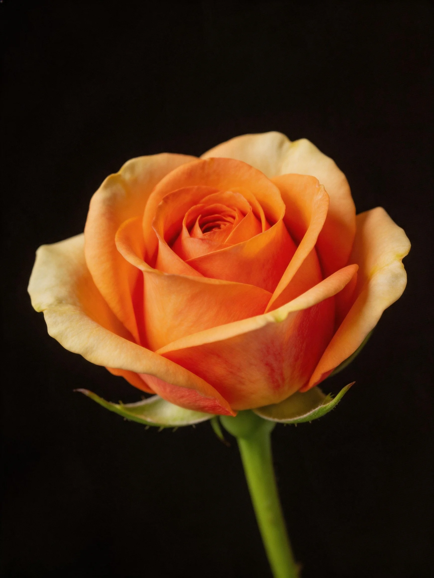 A single orange rose with layered petals against a black background