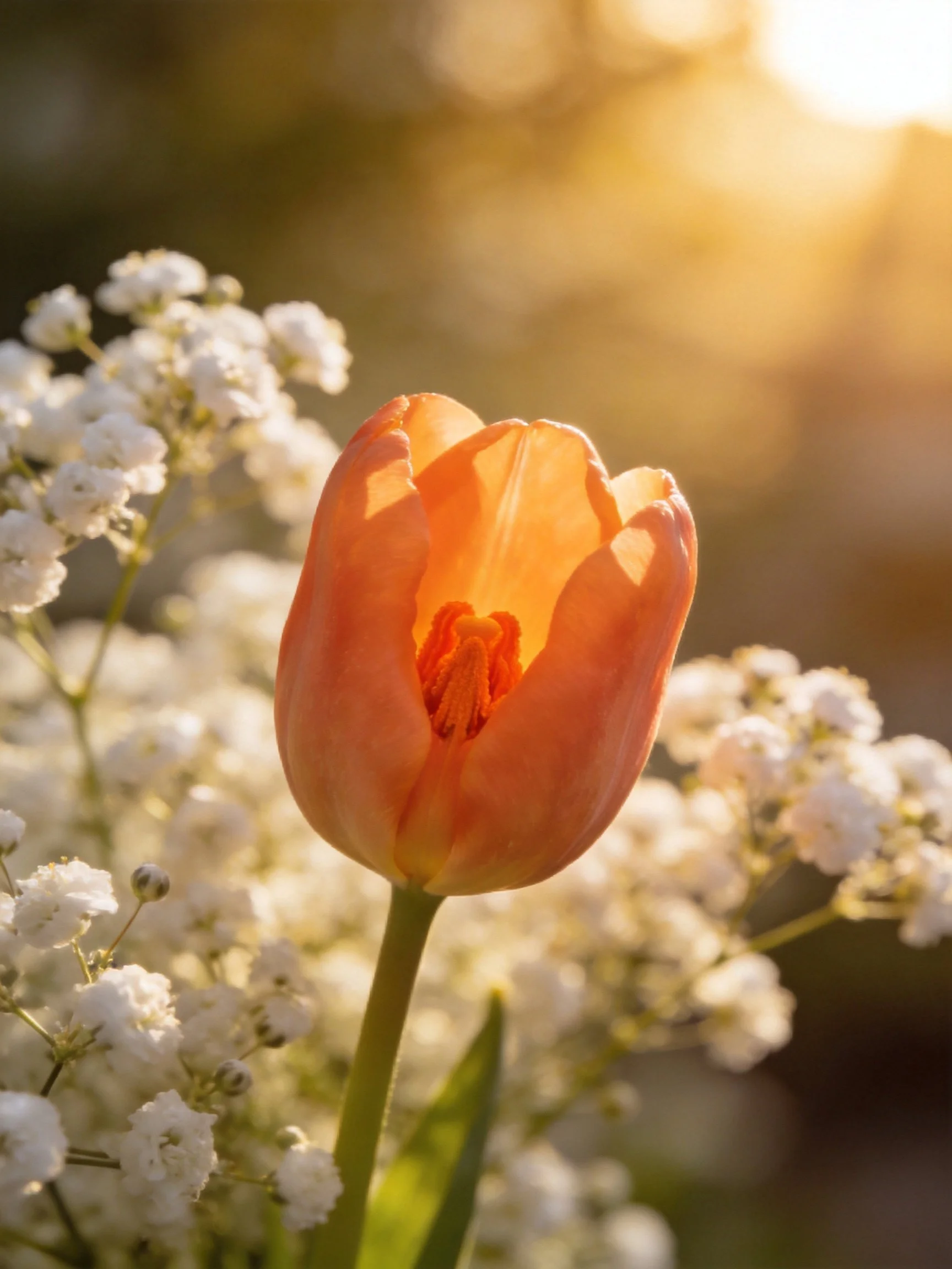 A single orange tulip with white blooms under golden sunlight