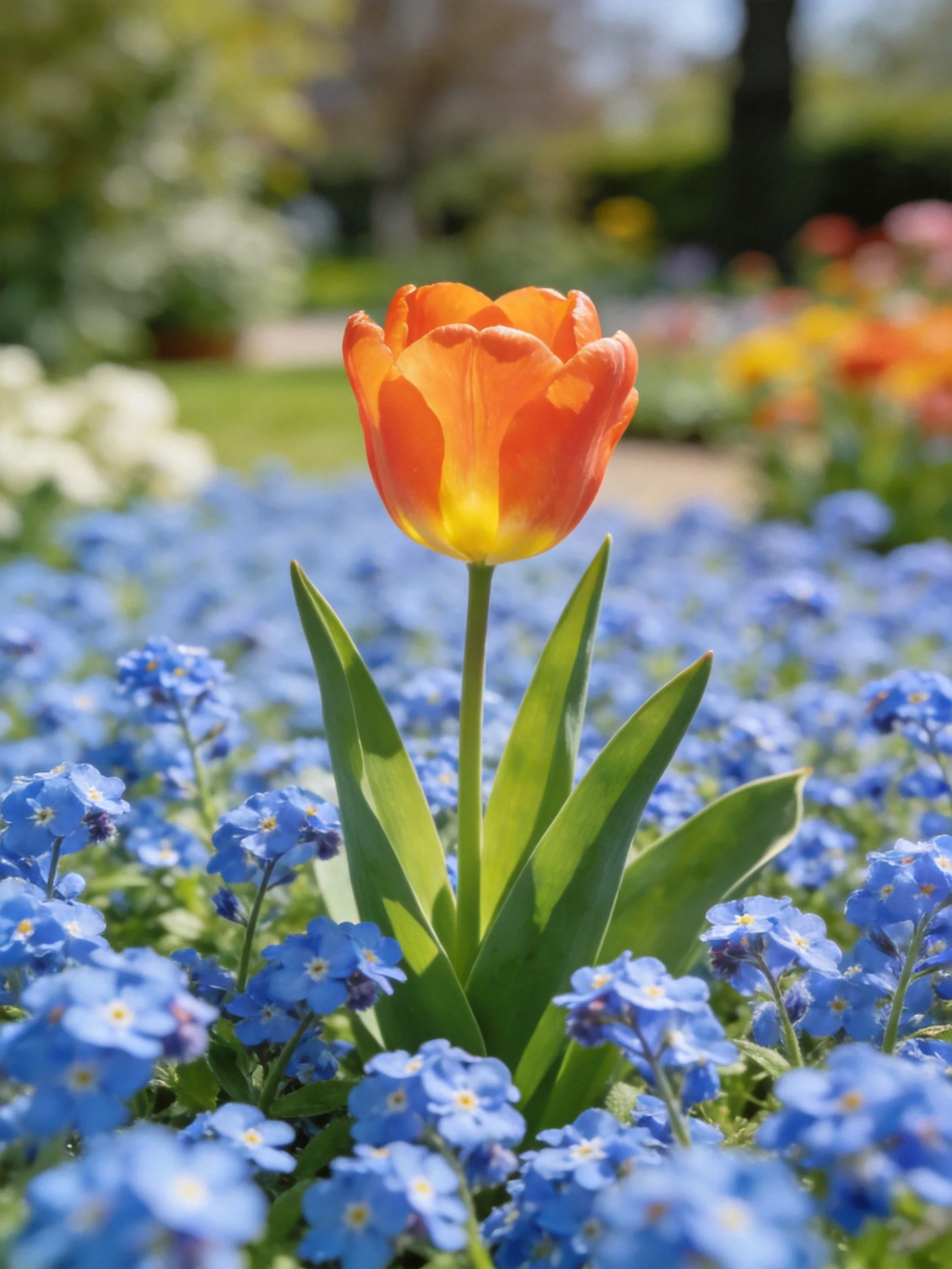 A single orange tulip with yellow center amid blue flowers in a sunlit garden
