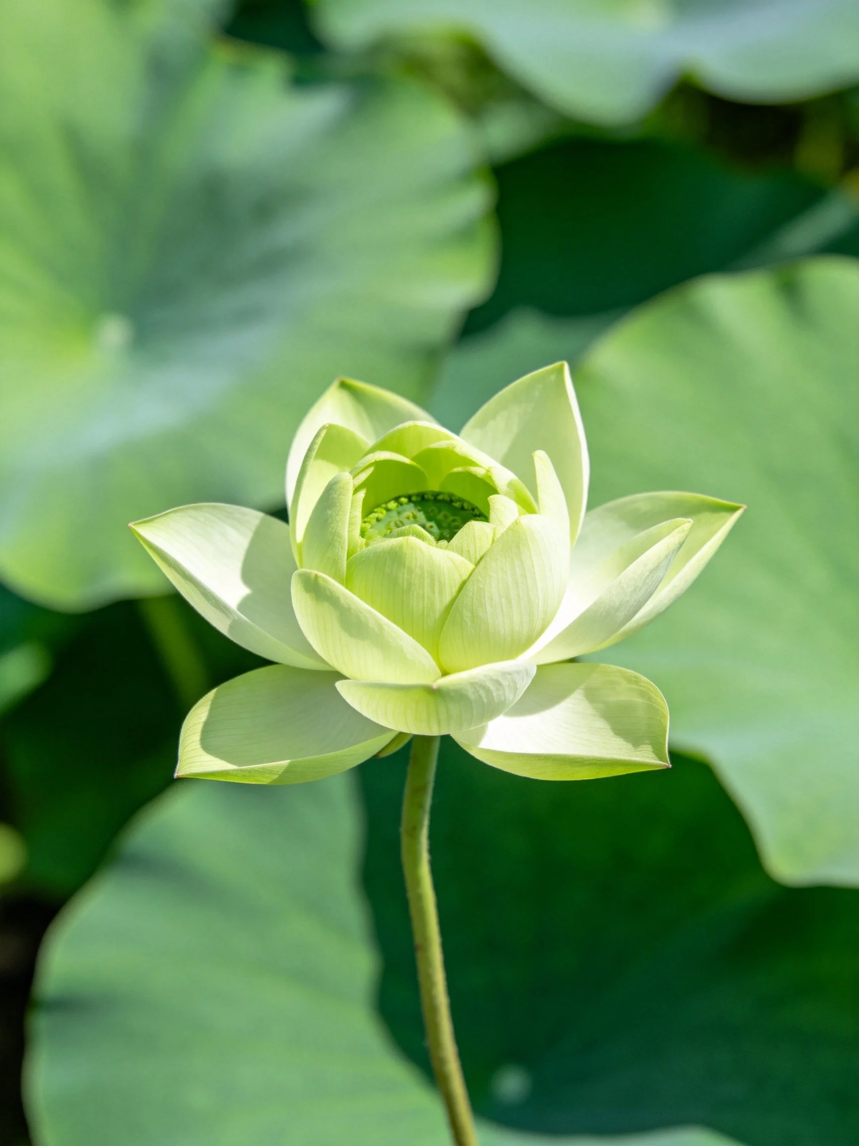 A single pale green lotus bud amidst large green leaves