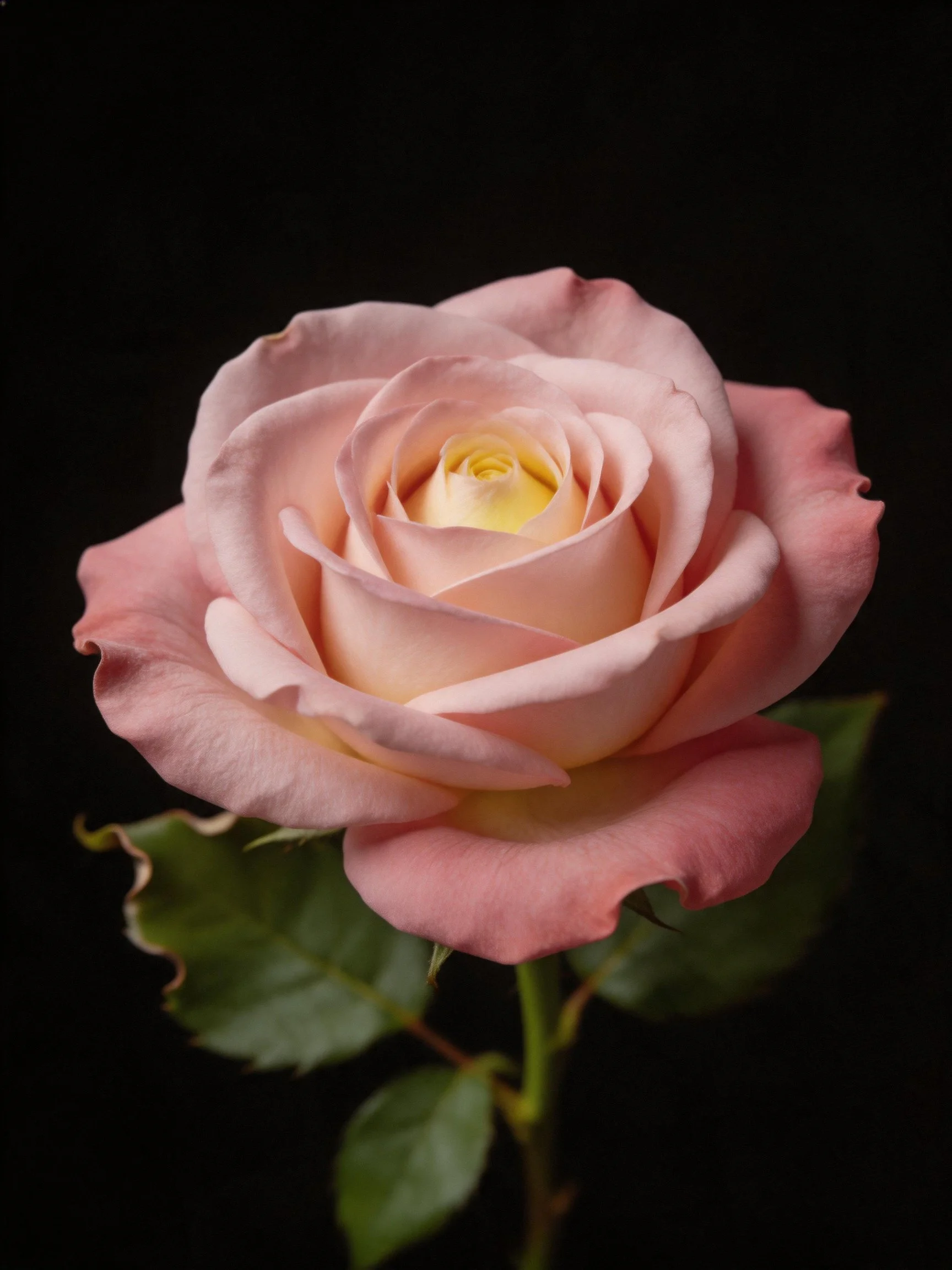 A single pale pink rose with green leaves on a black background