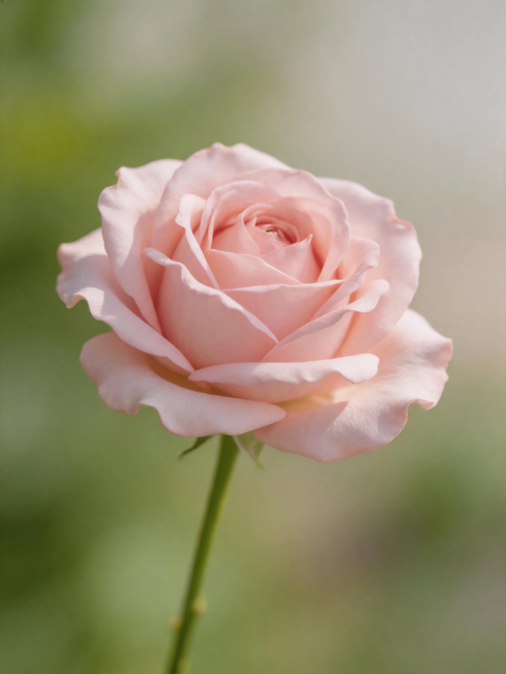 A single pale pink rose with soft green blurred backdrop