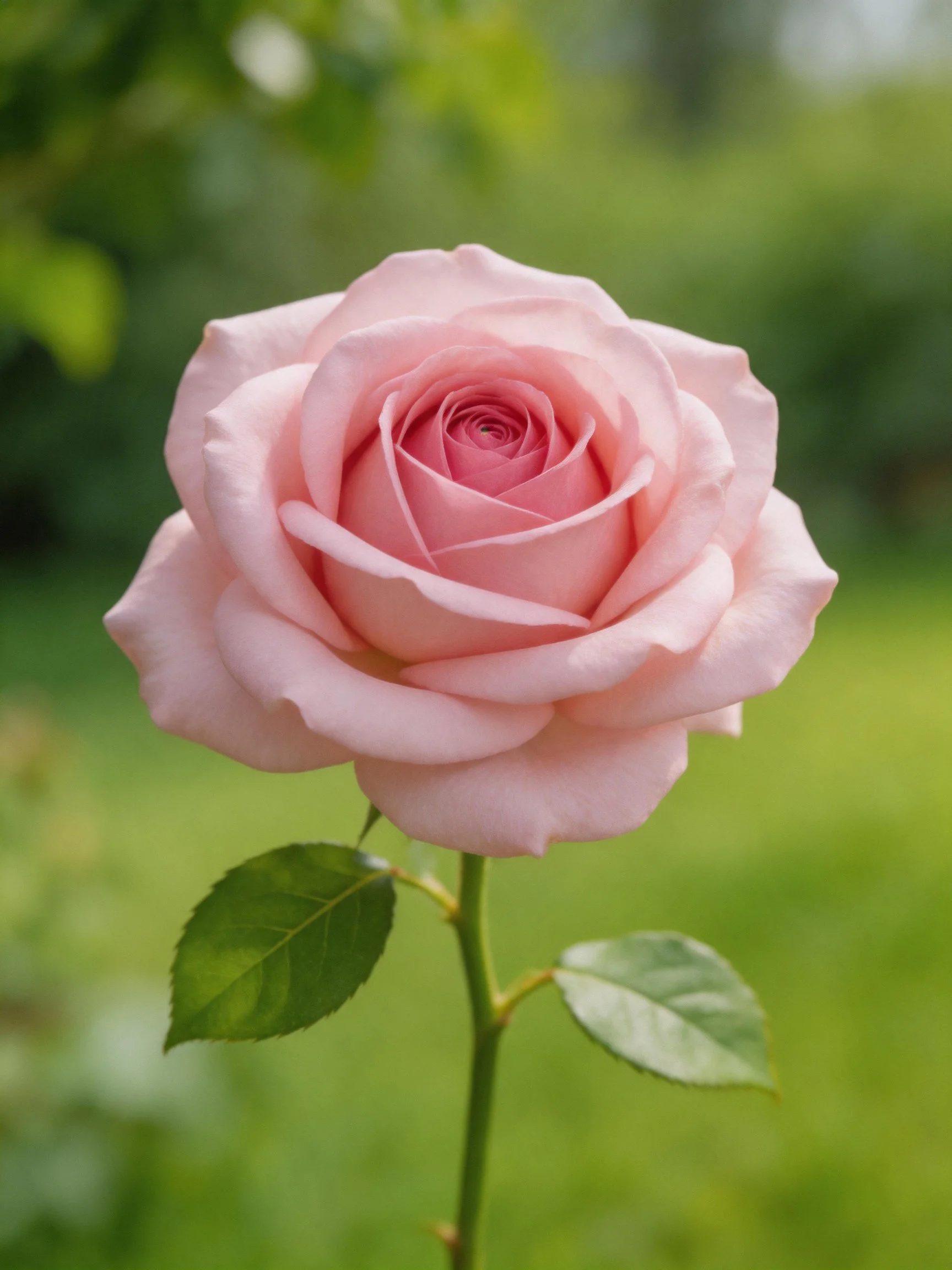 A single pale pink rose with two green leaves and a blurred green backdrop