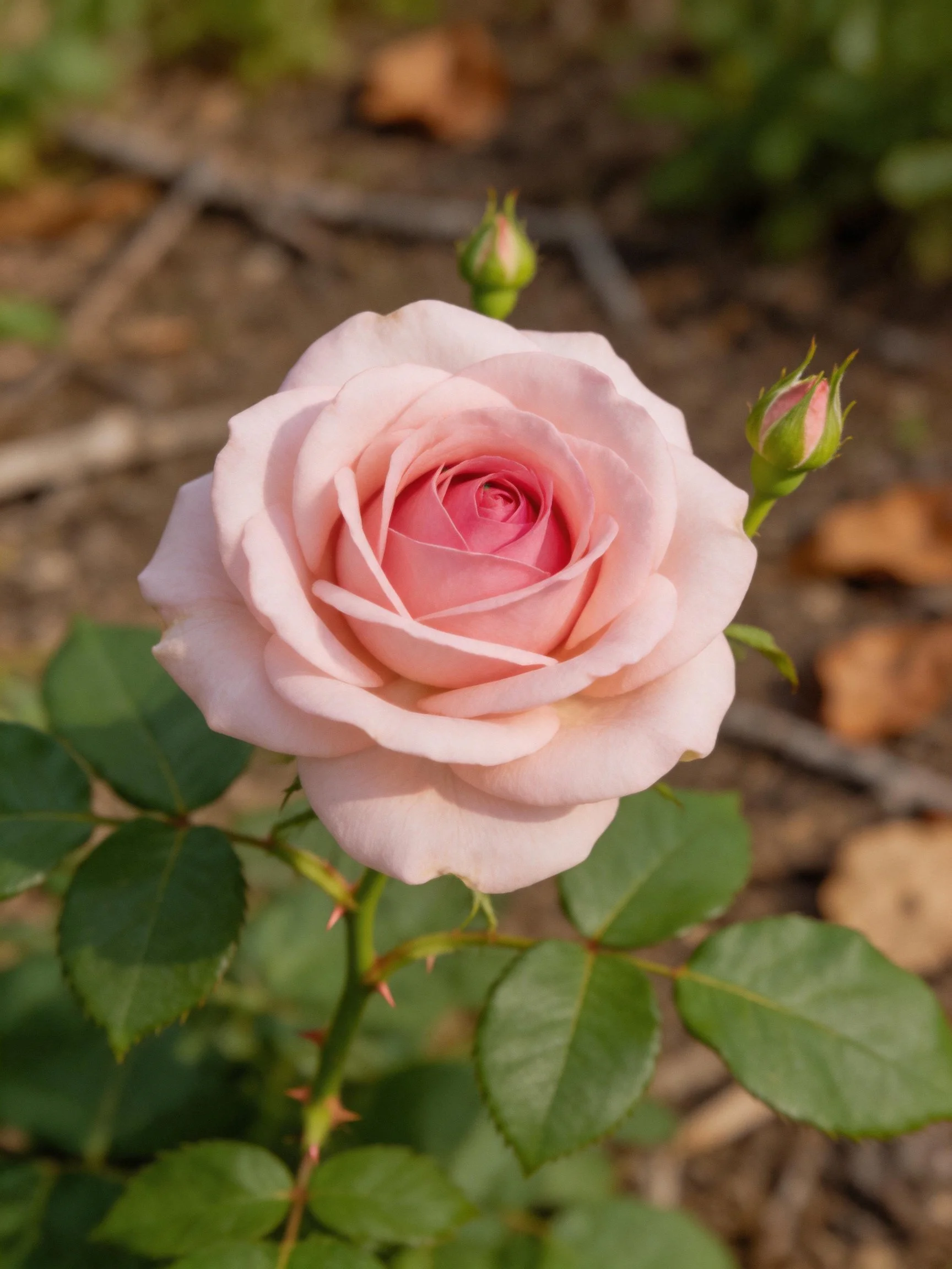 A single pale pink rose with two unopened buds