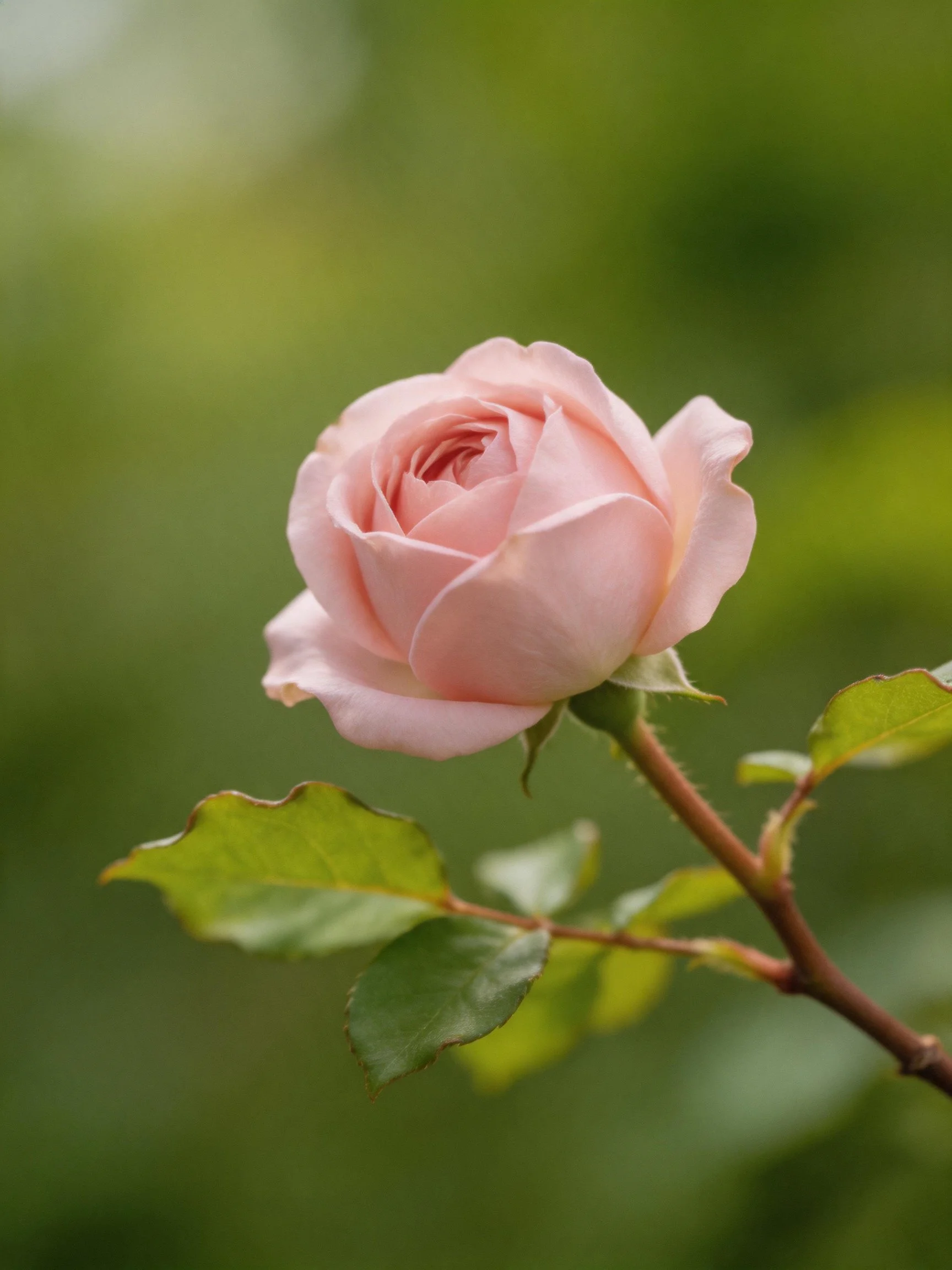 A single pale pink rosebud with green foliage and stem