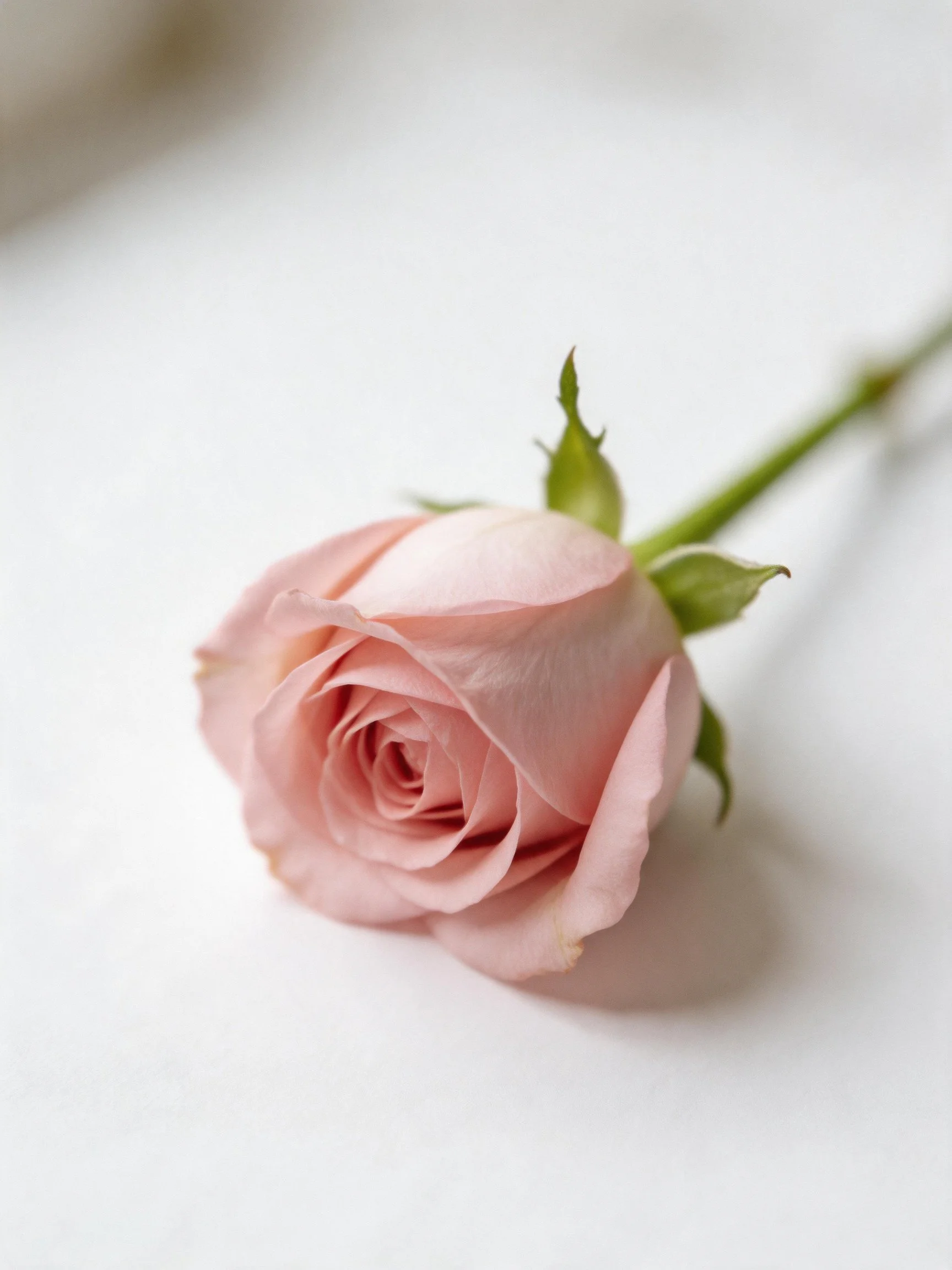 A single pale pink rosebud with green stem on white surface