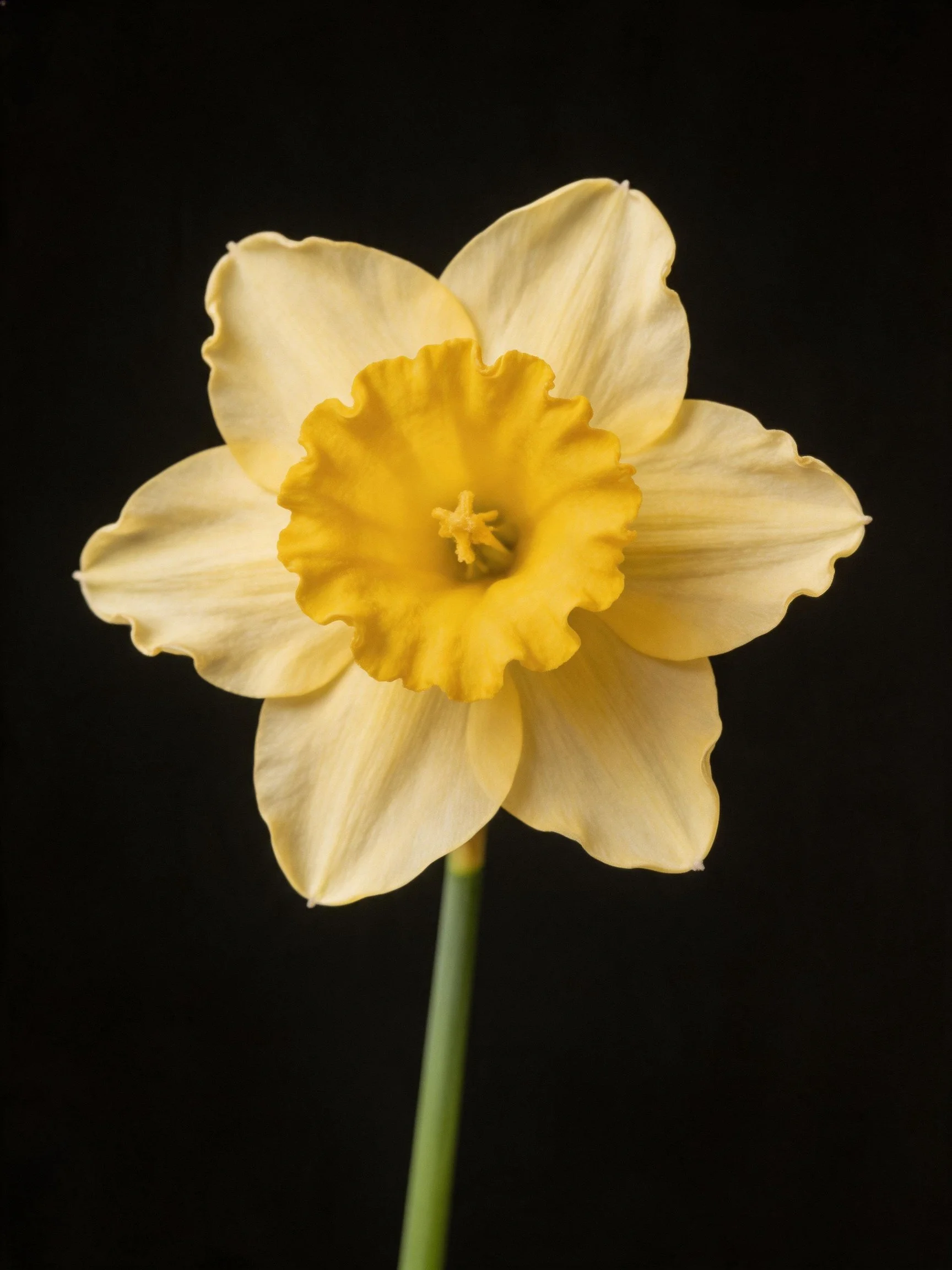A single pale-yellow daffodil with a vibrant yellow center