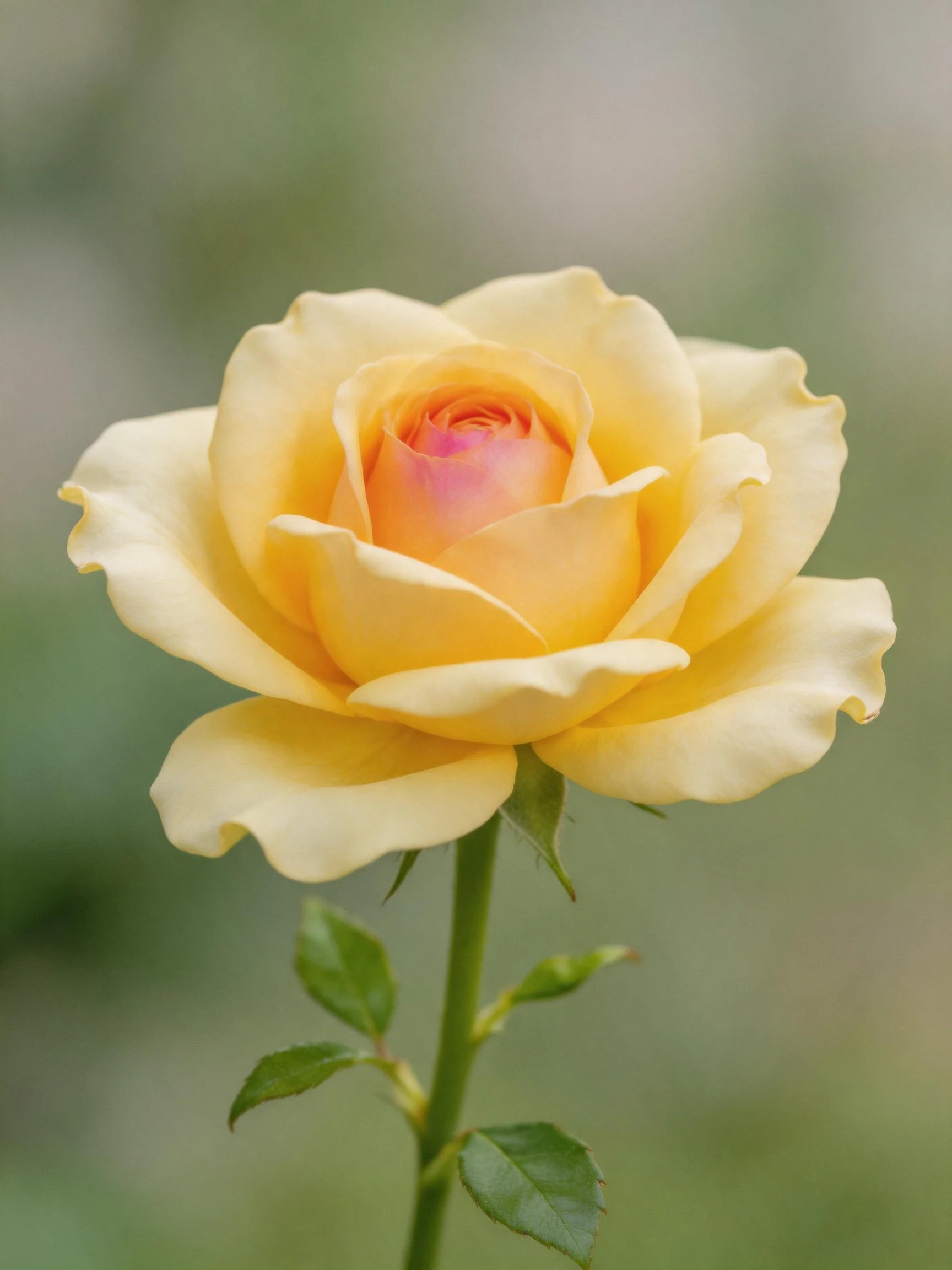 A single pale yellow rose with pink center and green stem