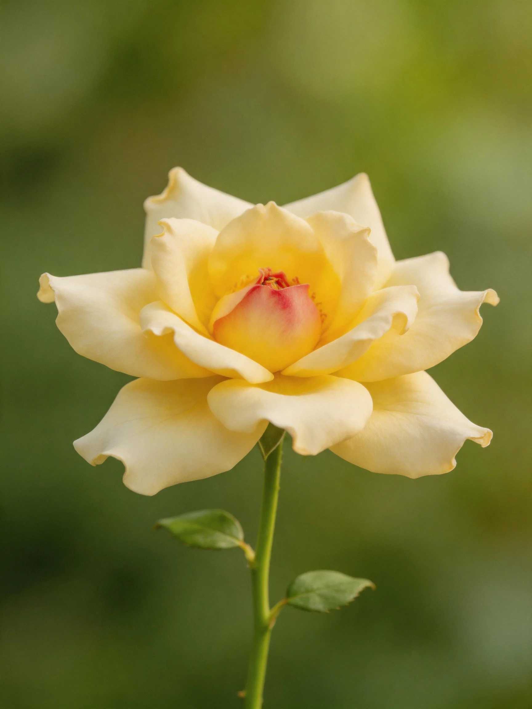 A single pale yellow rose with pink center and green stem