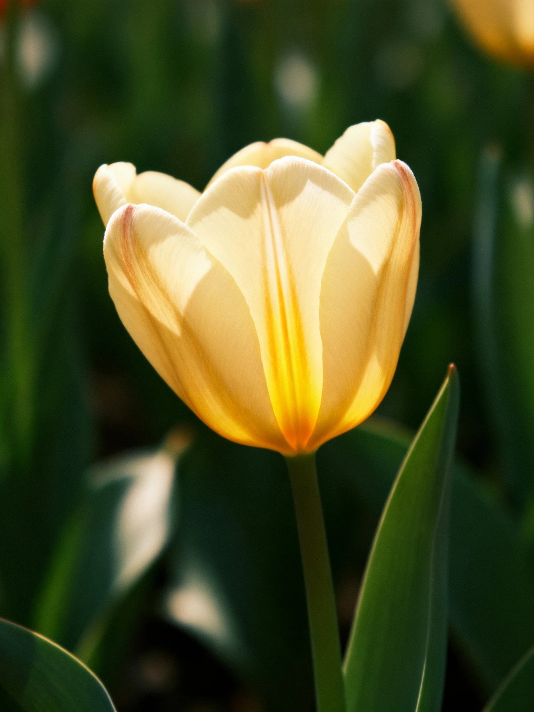 A single pale yellow tulip with green foliage in soft natural light