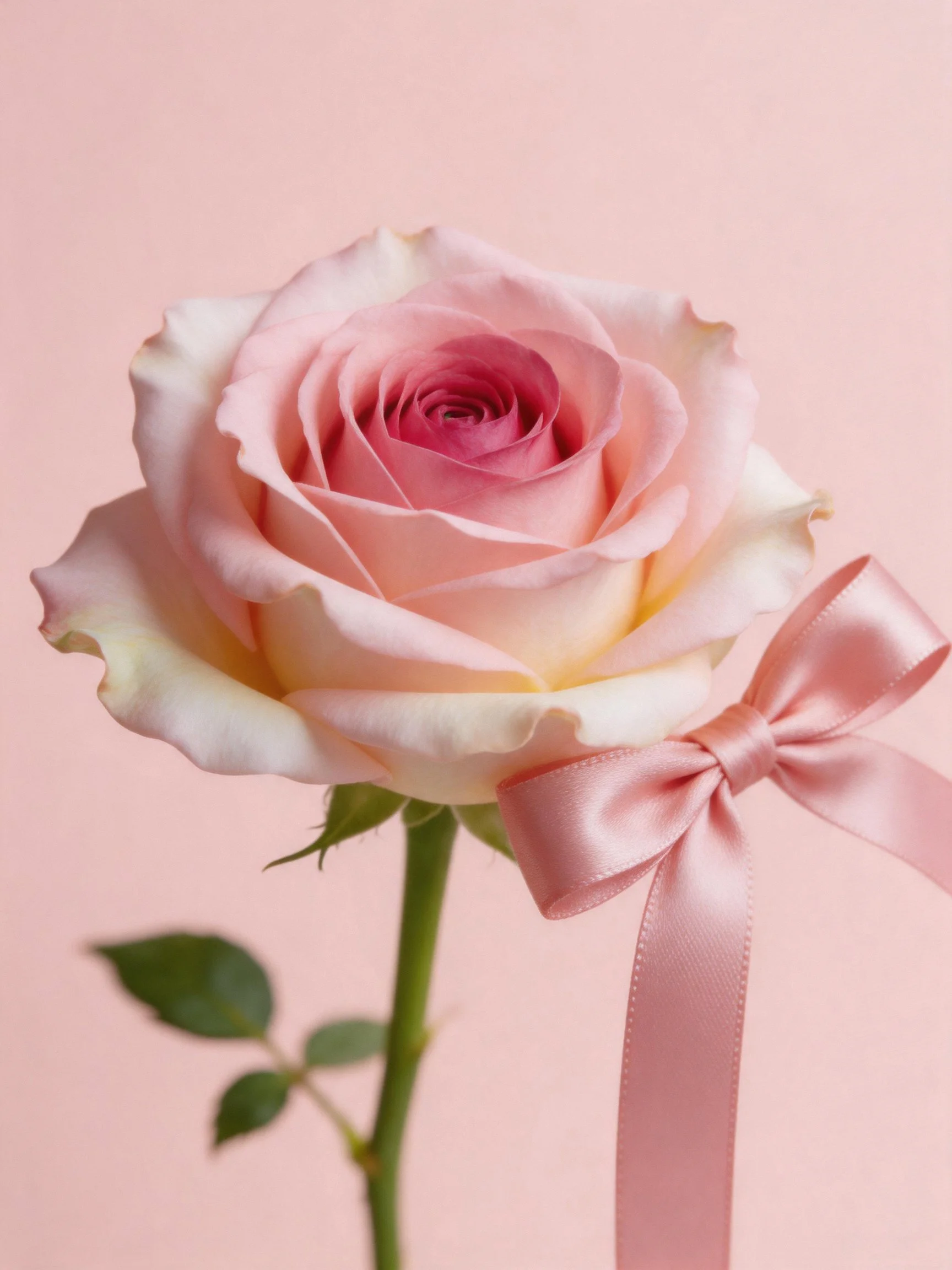 A single pastel pink rose with a satin ribbon bow