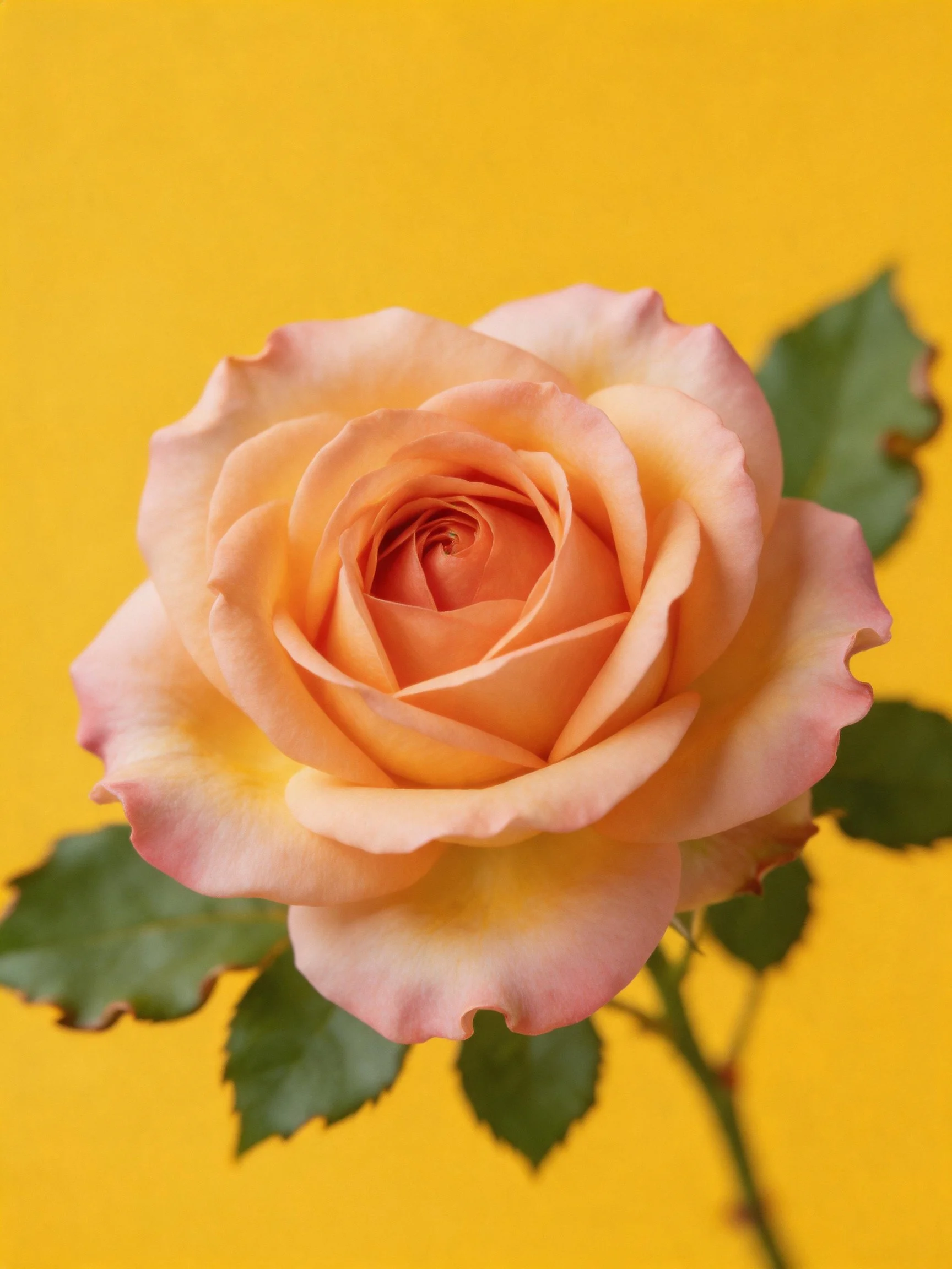 A single peach-hued rose with green foliage on a bright yellow background