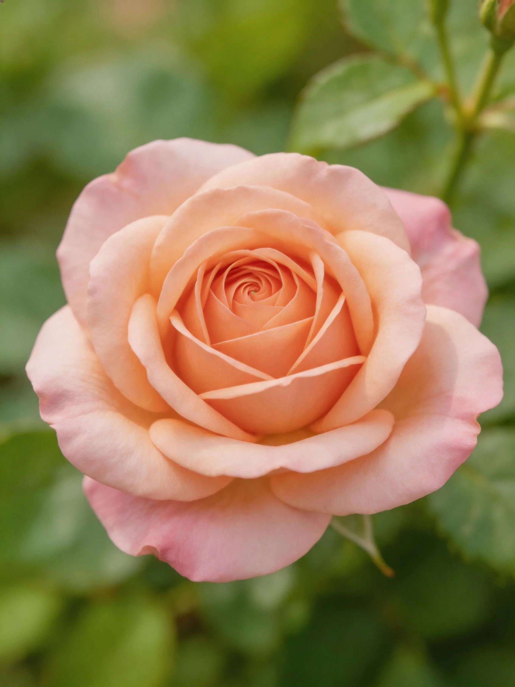 A single peach-pink rose in full bloom against green foliage