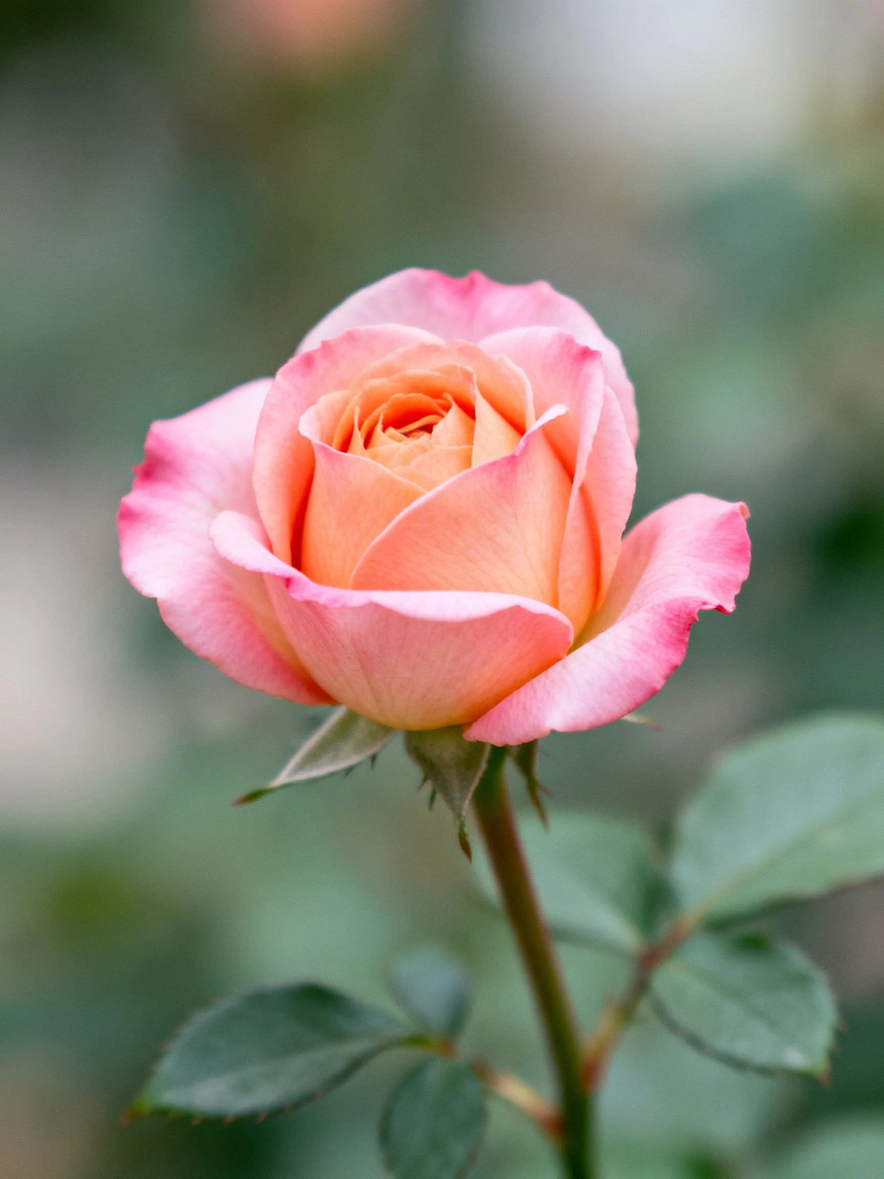 A single pink and peach rose bud with green foliage